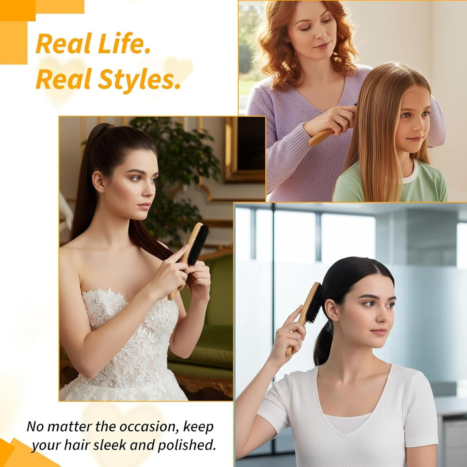 3 Pack Slick Back Hair Brush, Boar Bristle Hair Brush for Men & Women,Anti-Static Wooden Handle,Can Style,Manage,And Flatten Hair/Beard,Ideal for Sleek Styles, Wax Stick Application & Hair Parting image number 6