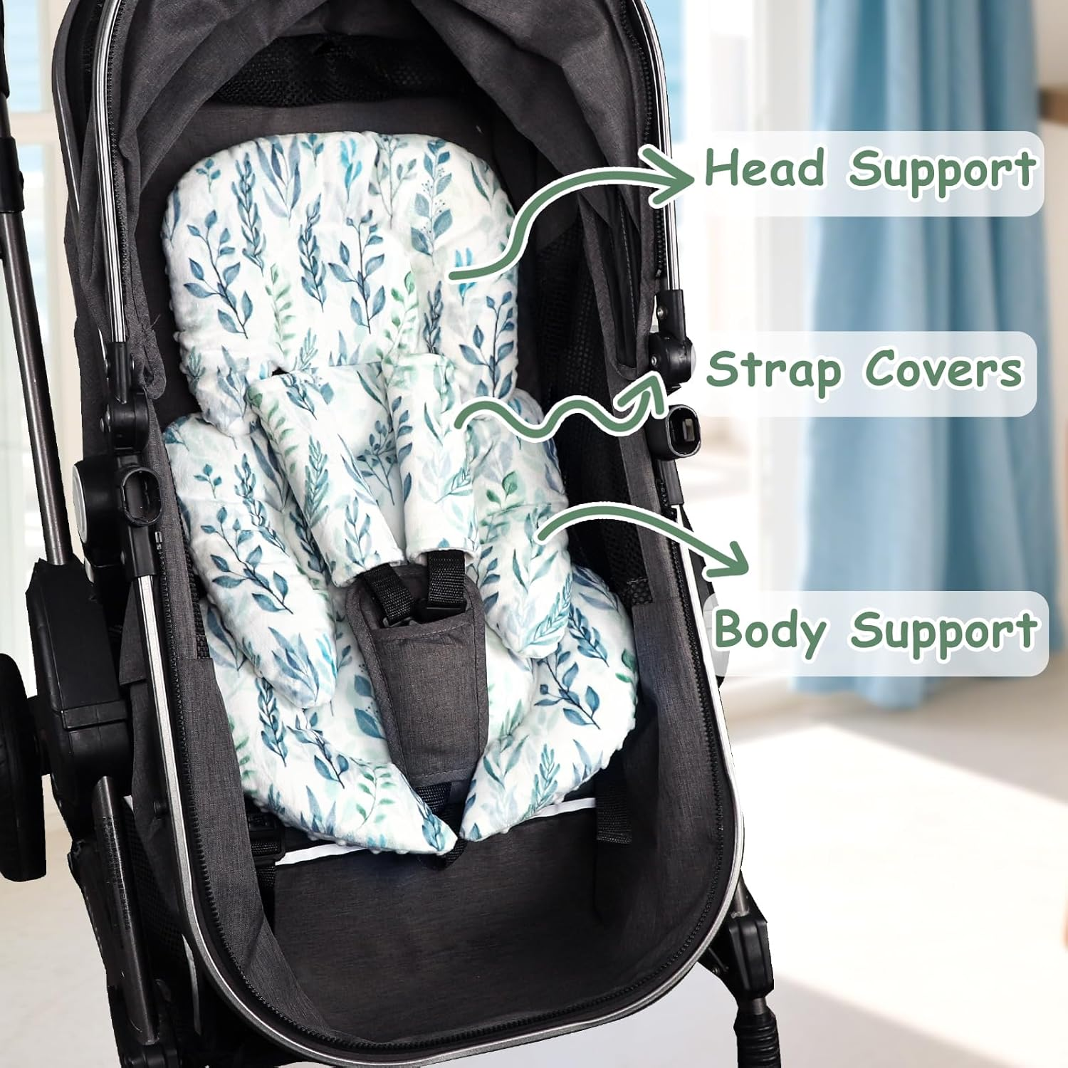 DILIMI Infant Car Seat Insert, Soft Baby Head Support with 2 Strap Paddings, Reversible Newborn Car Seat Cushion Insert for Stroller, Swing(Green Leaf) image number 4
