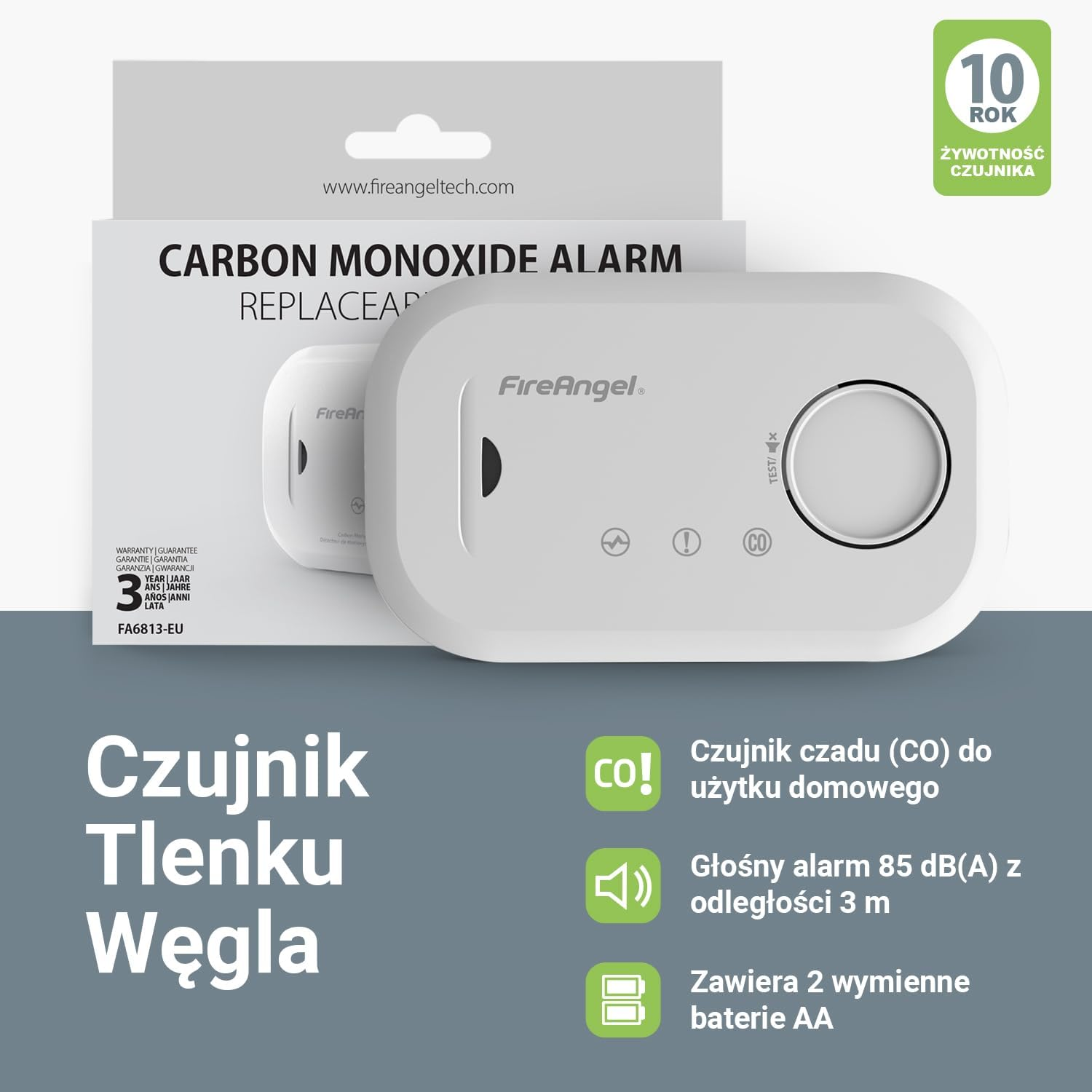 Fireangel FA6813-EUX10 FA6813 Carbon Monoxide Detector & Alarm with Replaceable Batteries image number 1