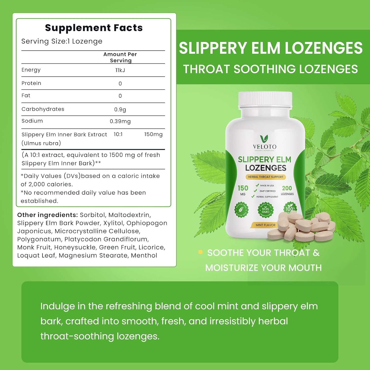 VELOTO Slippery Elm Lozenges, Slippery Elm Throat Soothing Lozenges for Adults, 10:1 Inner Bark Extract Cough Lozenge, Herbal Throat Support, Mint Flavored, Non-Gmo, Vegan, 200 Count image number 2