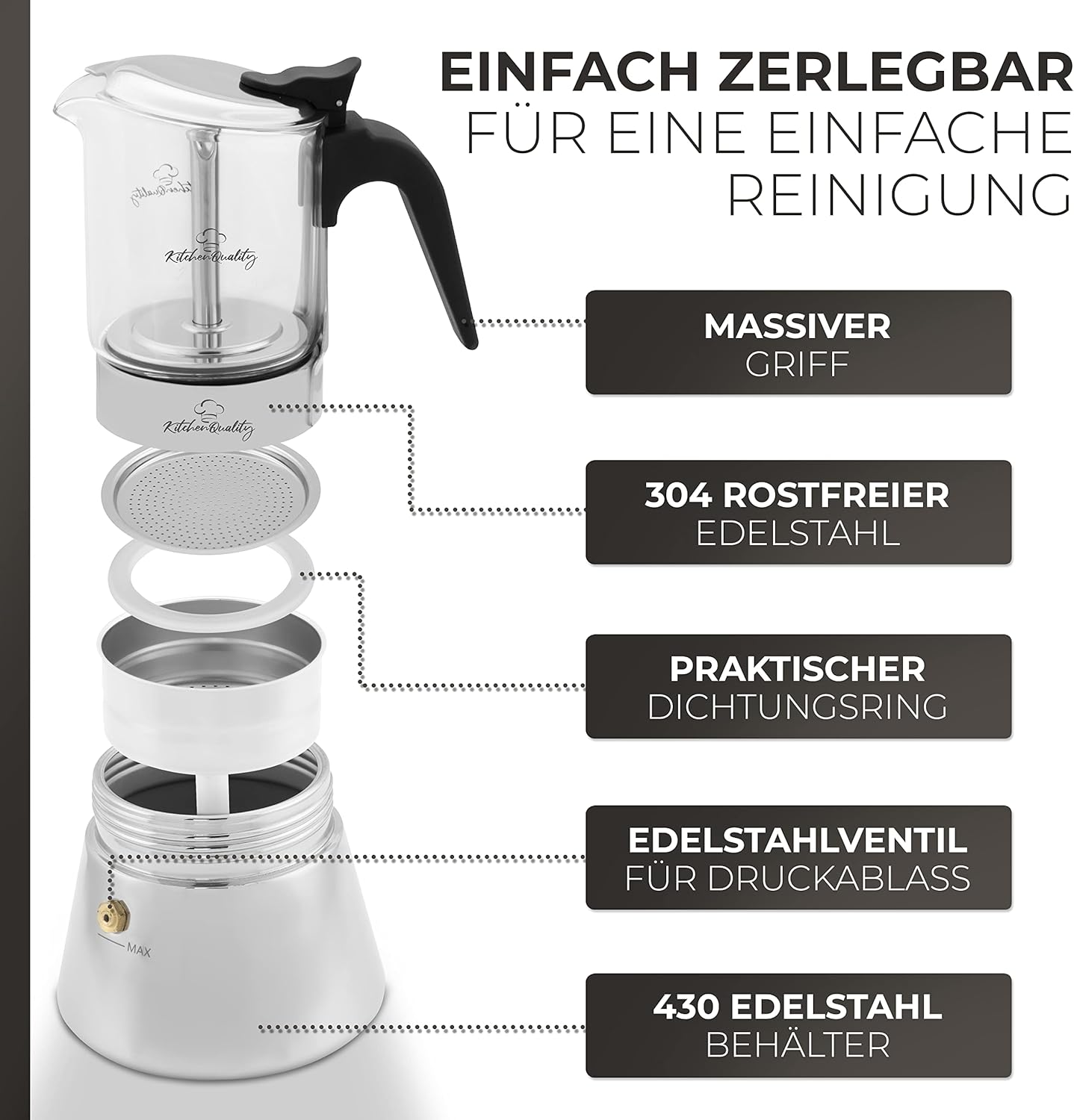 Kitchenquality Espresso Maker - Glass + Stainless Steel - 240 Ml - for 4 Cups - 18.5 X 14 Cm - for Ceramic Hobs, Gas, Electric + Induction Cookers - with Portion Spoon + 3 Cork Coasters