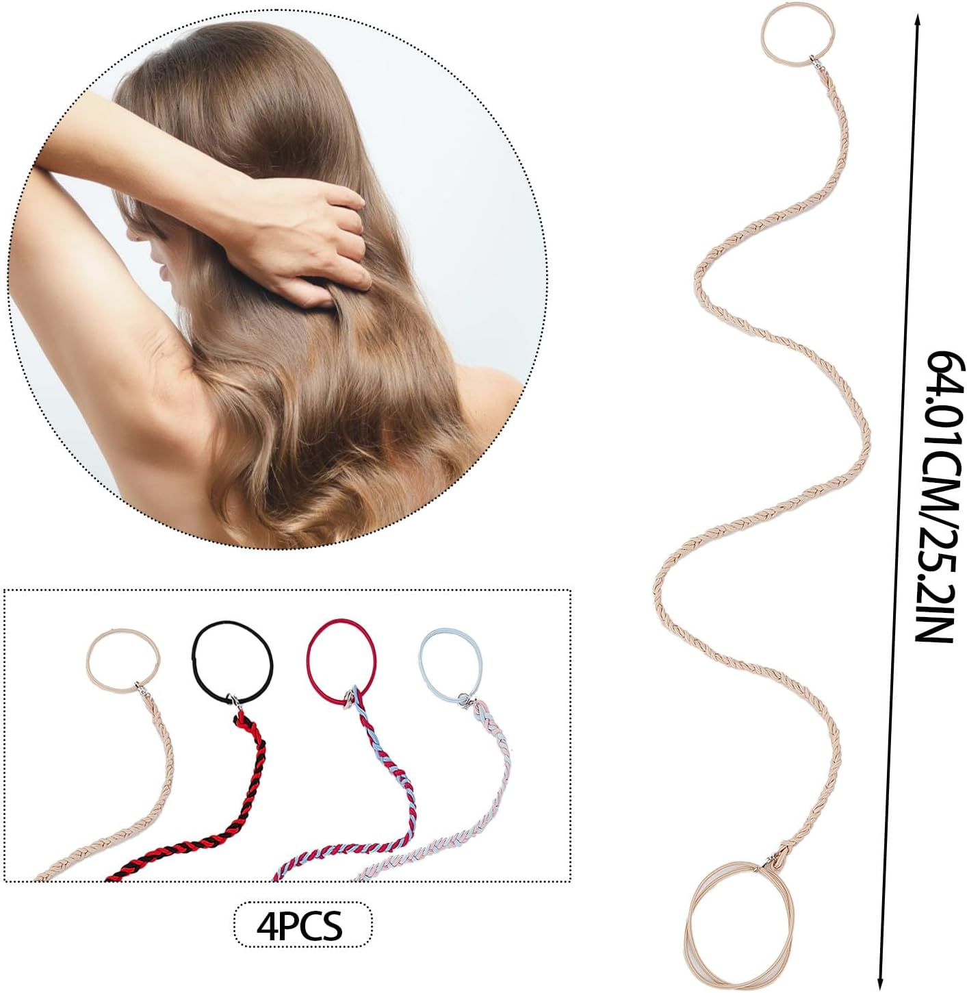 NICENEEDED Pack of 4 25 Inch Colourful Sports Hair Bobbles Long Hair Ponytail Warp Hair Holder Elastic Braided Spiral Hair Scrunchie for Gym Swimming Bungee Motorcycle image number 2