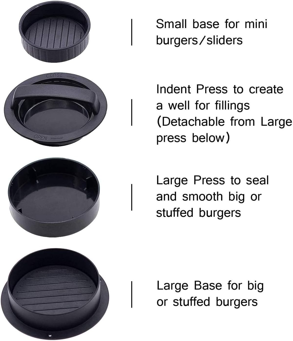 Burger Press 3 in 1 Non Stick Kitchen Barbecue Tool - Black Plastic round Patty Maker image number 2
