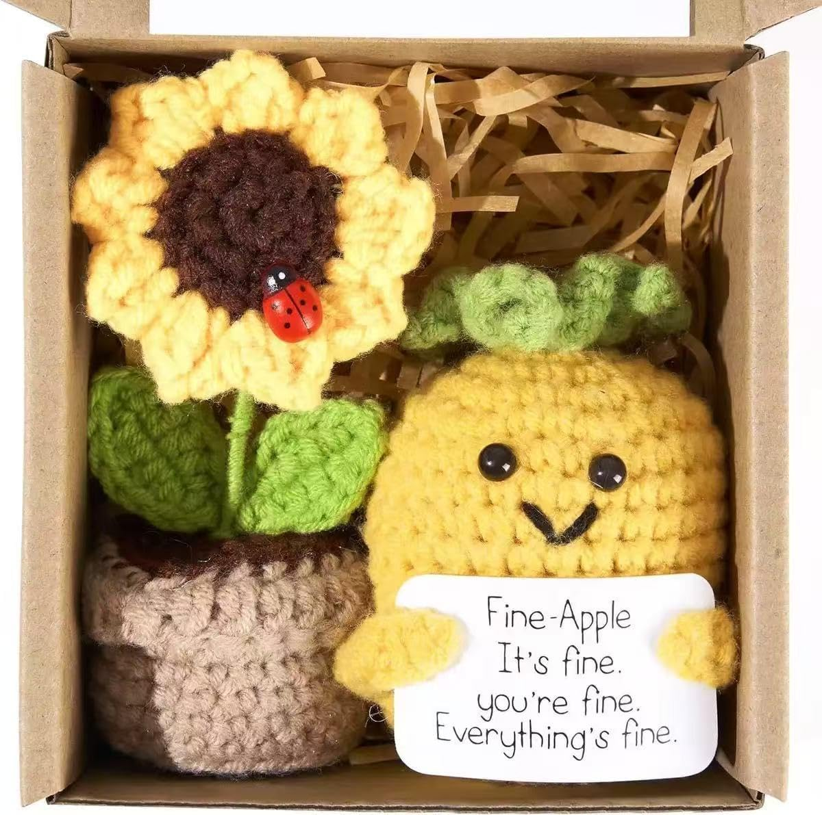 2PCS Handmade Crochet Yarn Decor &ndash; Funny Sunflower & Pineapple Desk Accessories, Emotional Support Gifts for Women, Friends, Office &ndash; Fiber Art Knitted Ornaments, Not Toys image number 5