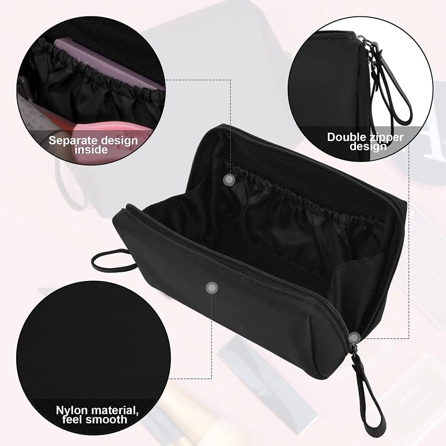 Small Makeup Bag for Travel Toiletries, Waterproof Cosmetic Pouch with Double Zippers and Sturdy Stitching, for Women and Girls (Black) - Mecus image number 5