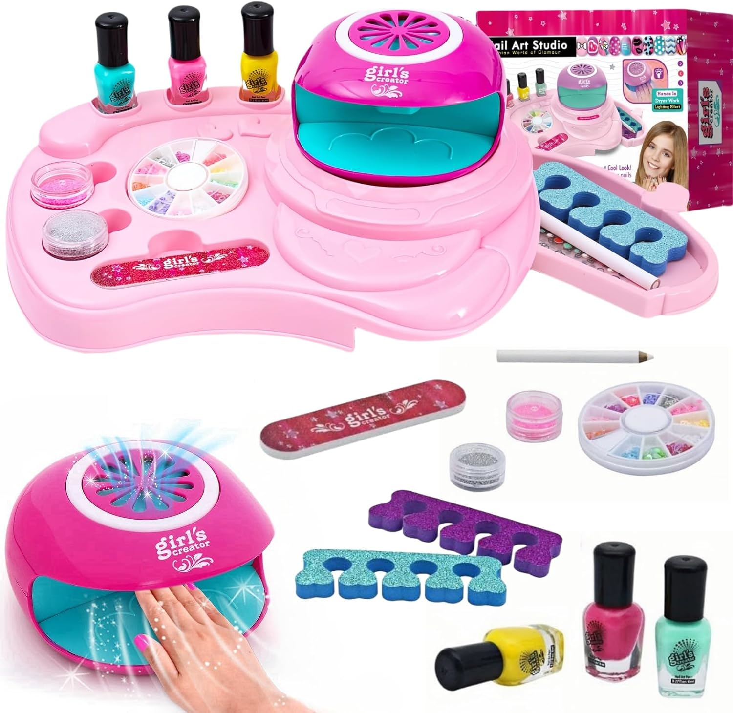 Nail Polish Kit for Girl , Kids Nail Art Salon Set with Nail Dryer ,Makeup Manicures Decoration Studio Gifts for Christmas Birthday Spa Party image number 2