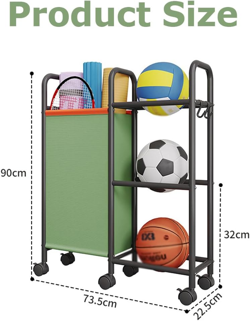 3-Tier Ball Storage Rack, Rolling Multi-Purpose Organizer Shelf, Heavy-Duty Rolling Cart, Space-Saving Durable for Basketball Volleyball Football Rugby Badminton image number 1