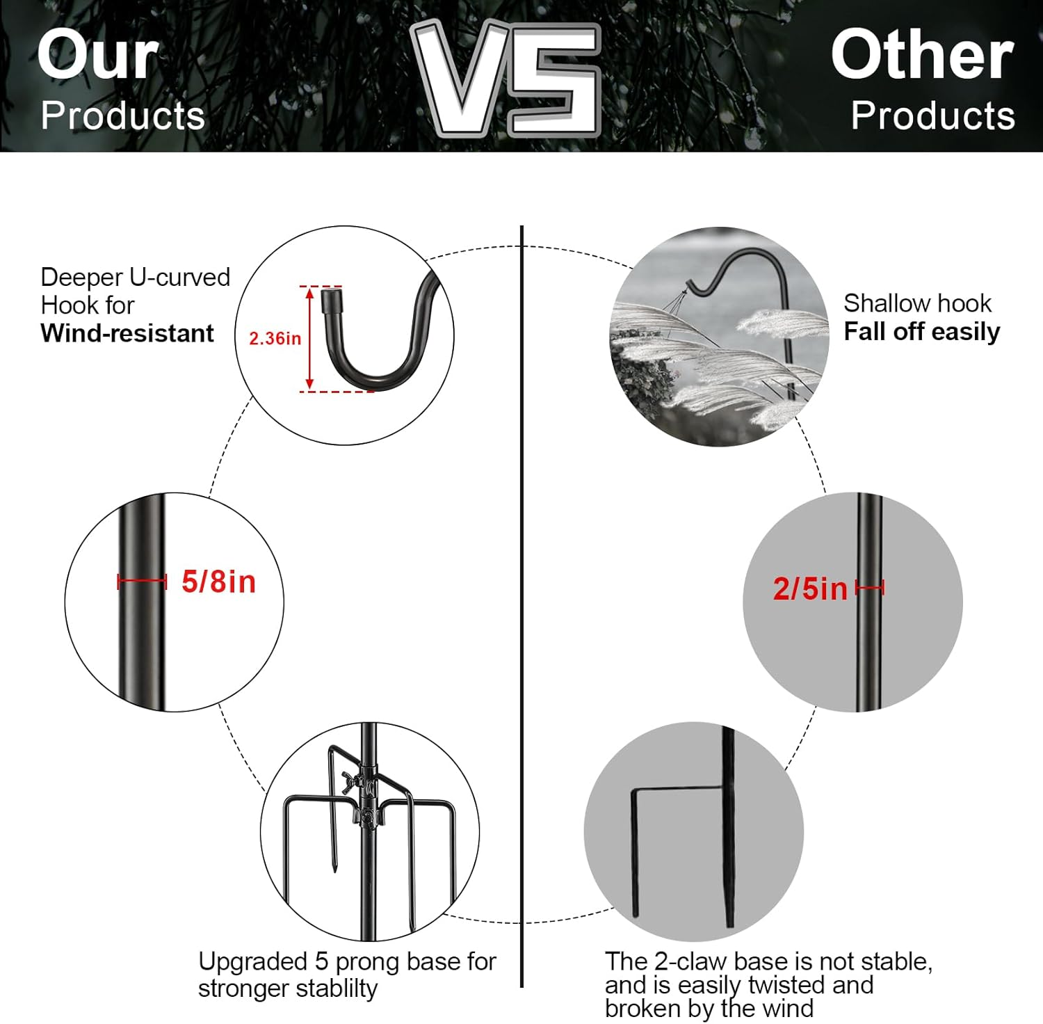 Bird Feeder Pole, 62 Inch & 5/8 Inch Diameter Stainless Steel Heavy Duty Shepherds Hooks for Outdoor to Hang Outdoor Lights with 5 Prongs Base, Rustproof for Garden Decor or Wedding Decors(Black) image number 2