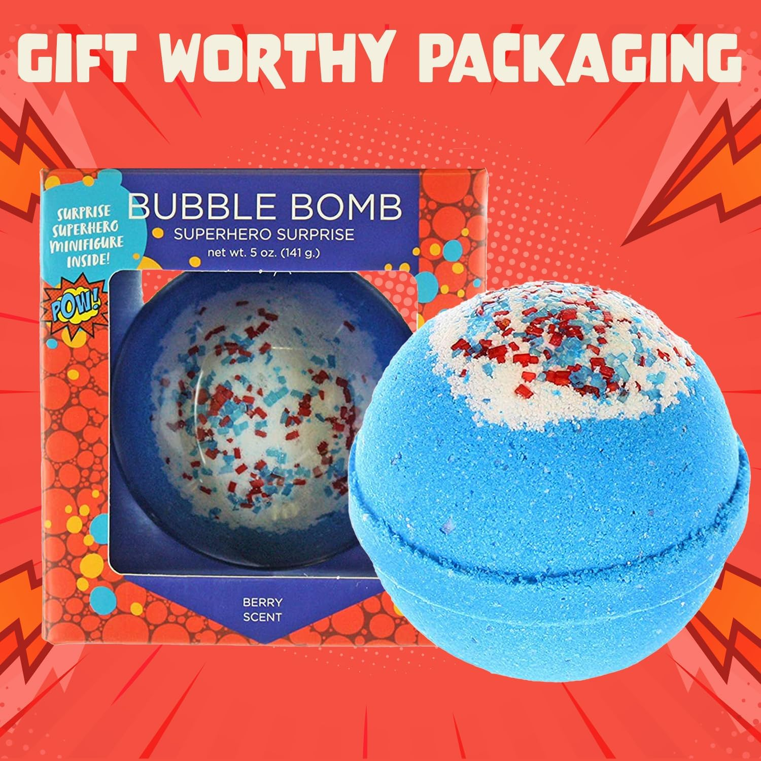 (Superhero Surprise) - Superhero BUBBLE Bath Bomb with Surprise Minifigure inside - in Gift Box - Big Blue Kids Bath Fizzy by Two Sisters Spa - for Boys and Girls - Homemade by Moms in the USA image number 4