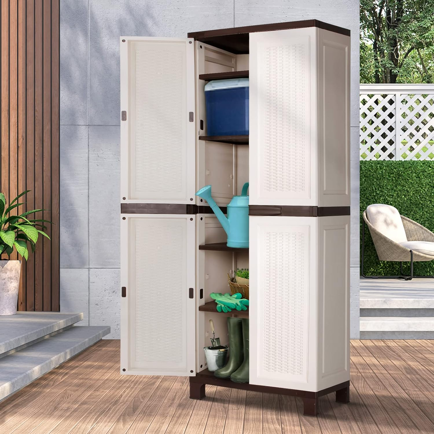 Livsip Garden Shed 173Cm with Adjustable Shelf and Lockable Doors Outdoor Storage Cabinet Beige