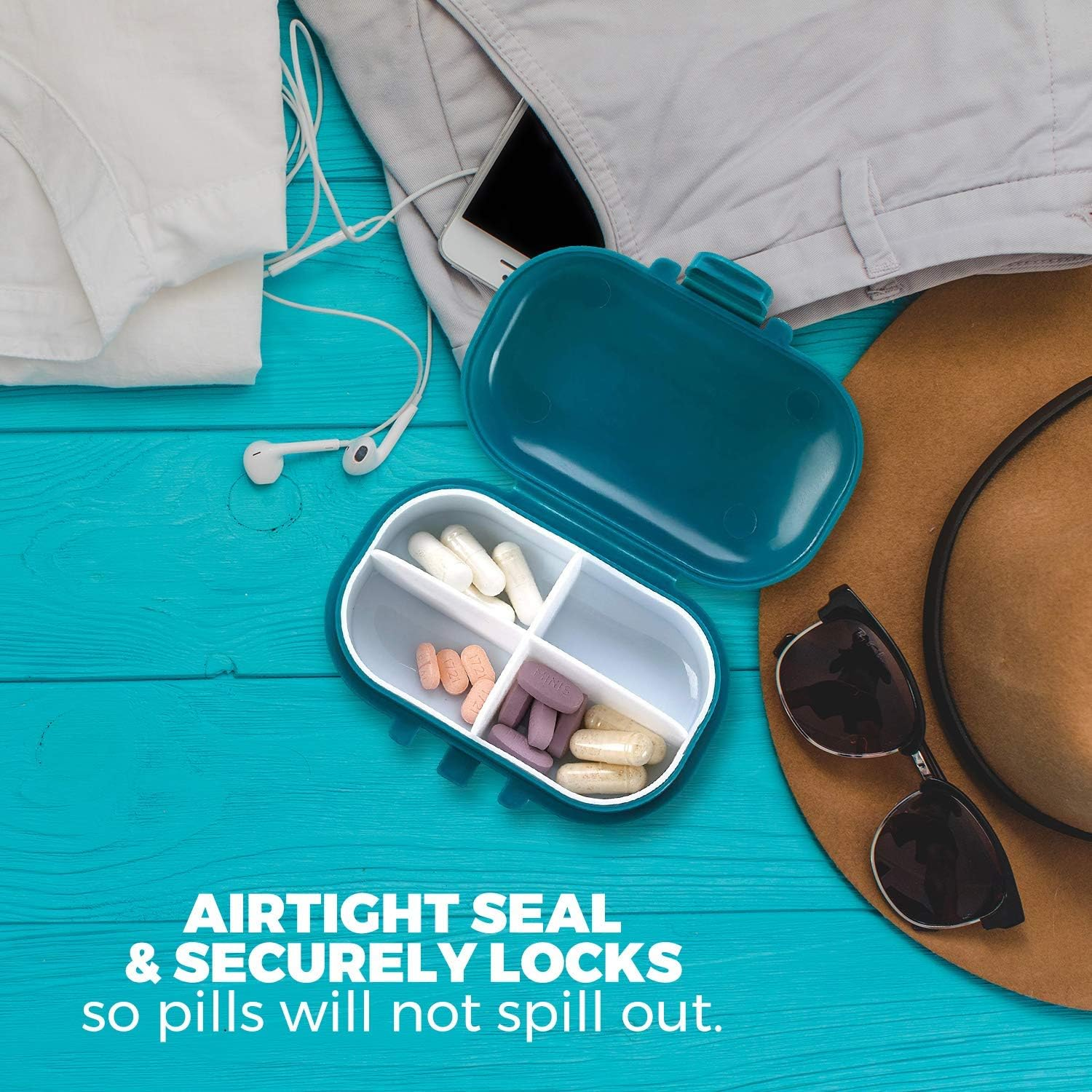 Small Pill Box - (Pack of 2) Pill Organizer Boxes - 4 Compartment Supplement Medication and Vitamin Travel Medication Carry Case - Daily Pill Dispenser image number 2