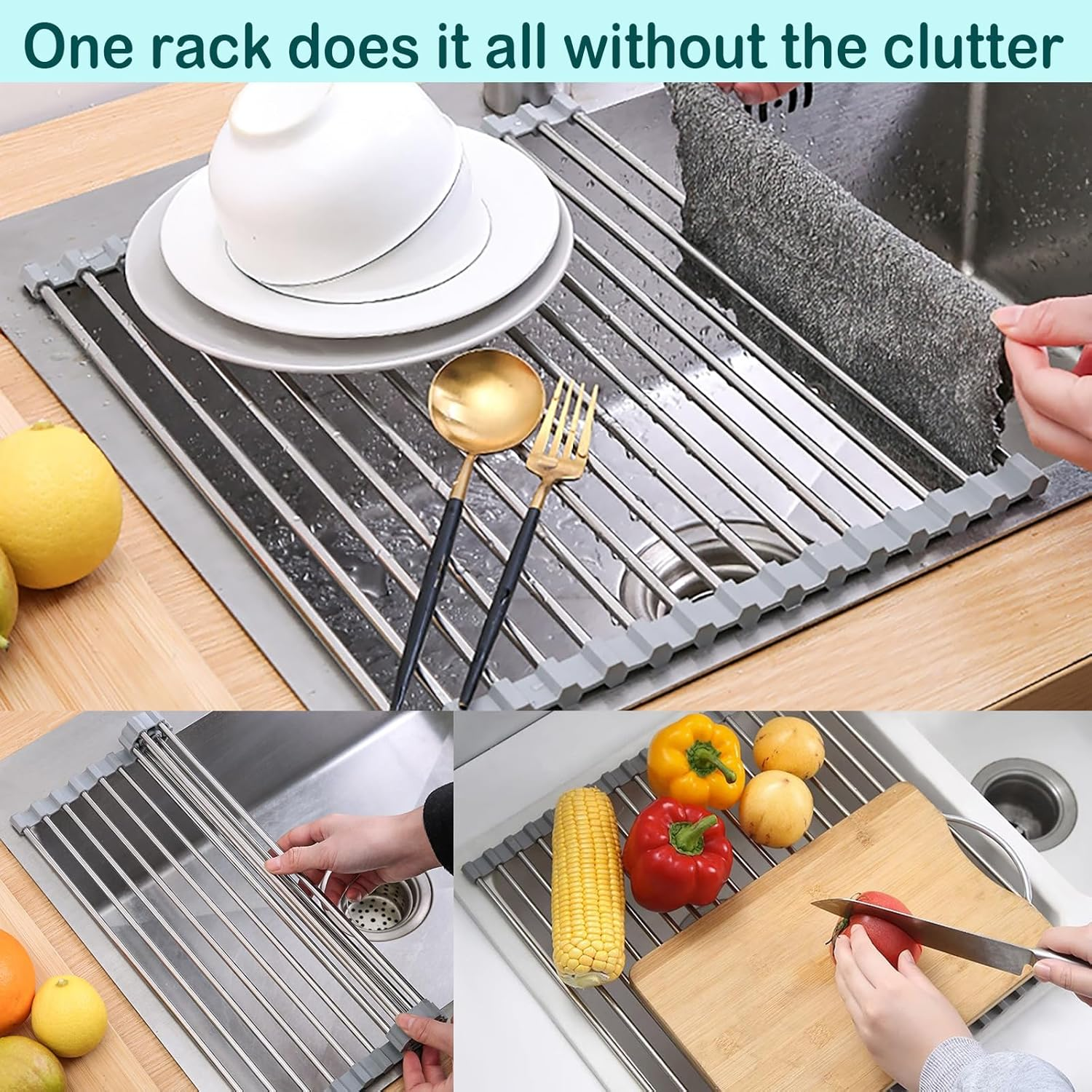 Roll up Dish Drying Rack, Foldable Stainless Steel over Sink Drainer Mat, 43Cm(L) X 35Cm (W), Space-Saving Kitchen Counter Dish Drainers for Dishes, Fruits, Vegetables (Grey) image number 5