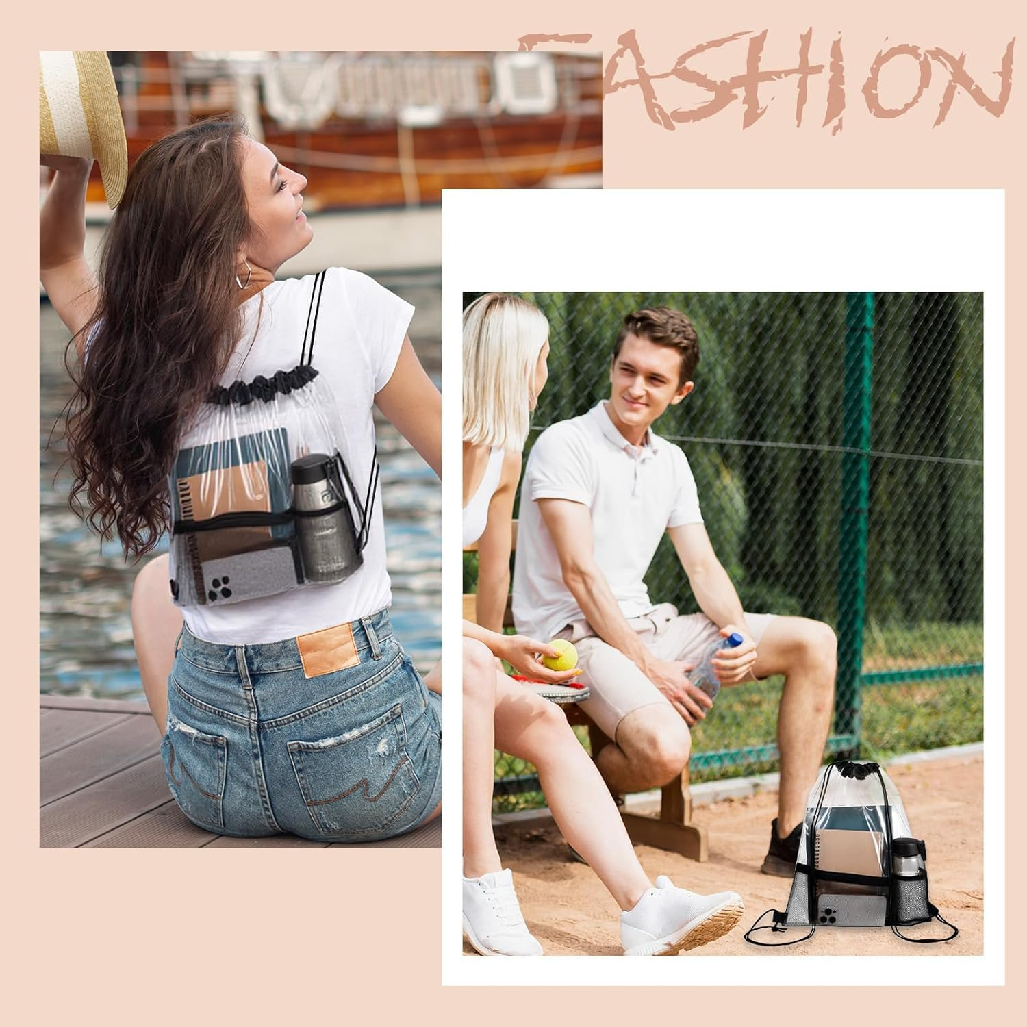 2PCS Clear Backpack Stadium Approved - 12.99X16.93 Inch Waterproof PVC Transparent Bag for Concerts, Sports Events, Travel & Gym, Tsa-Compliant Drawstring Backpack image number 2