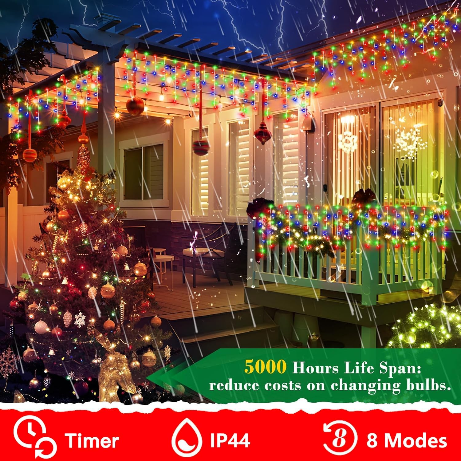 Christmas Lights Outdoor, Icicle Lights 32.8 Ft 400 LED Fairy Lights with Remote 8 Modes Icecycle String Lights Cascade for Wedding Indoor outside Party Holiday House Xmas Decorations(Colorful) image number 6