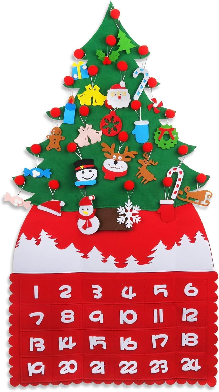 Christmas Advent Calendar 2024, DIY Xmas Tree Felt Countdown Calendar with 24Pcs Reusable Detachable Ornaments for Kids Gifts Wall Door Hanging Decoration Home Office Classroom Holiday Decor