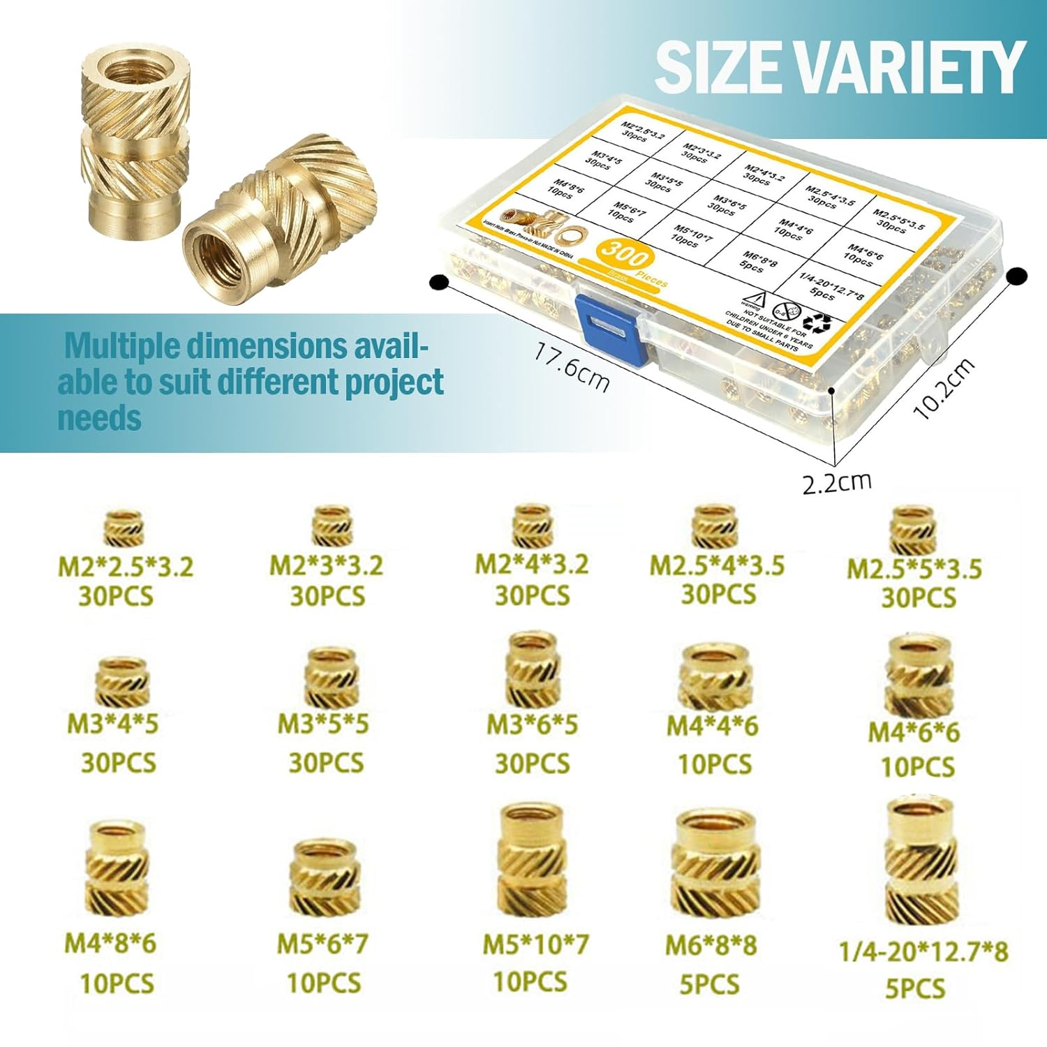 300-Piece Brass Threaded Insert Kit, M2 M2.5 M3 M4 M5 M6 Knurled Nuts Assortment, Heat Set Inserts for Plastic and 3D Printing image number 3