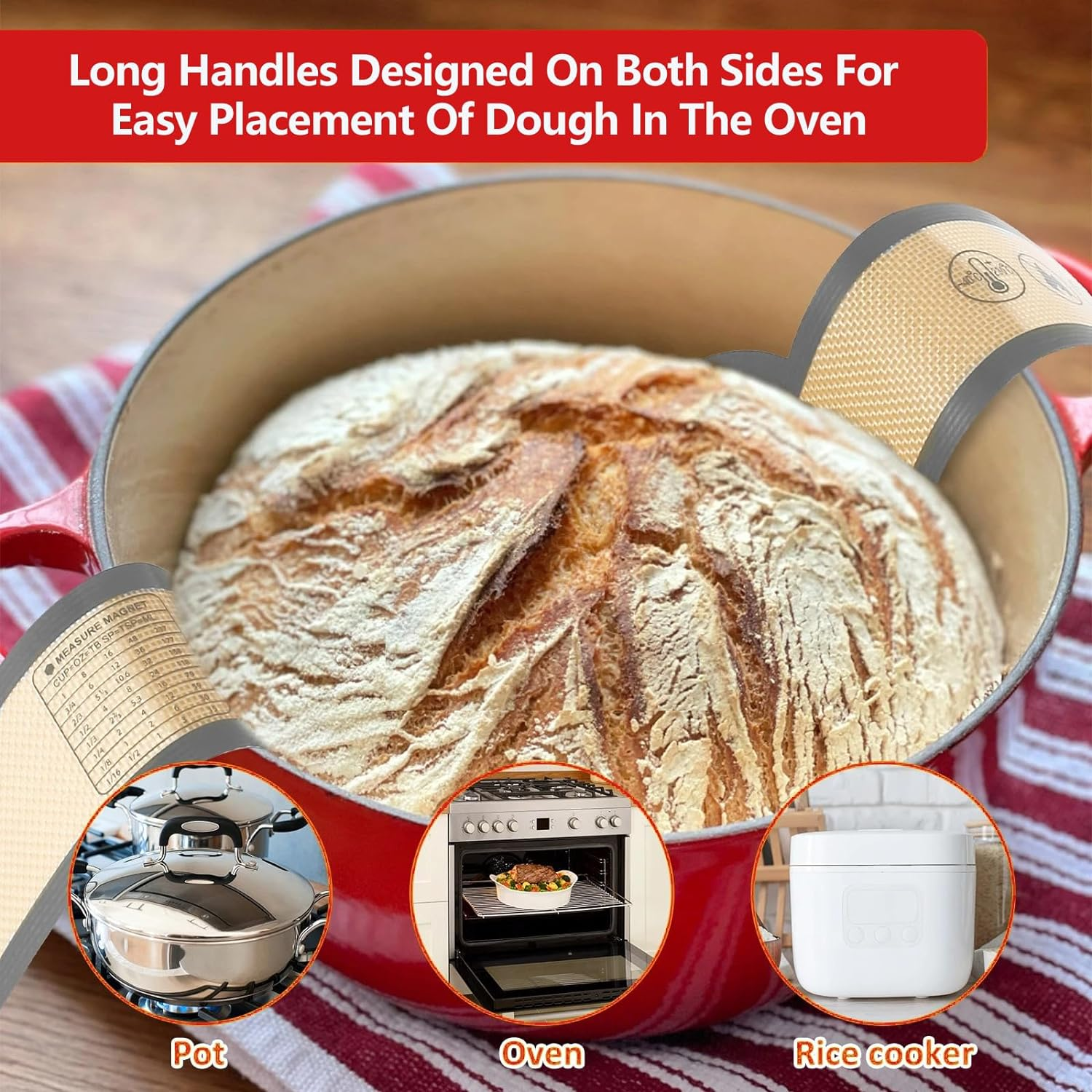 Silicone Bread Sling for Dutch Oven, 2 PCS Non-Stick & Easy Clean Reusable Silicone Bread Baking Mats with Long Handles, Easy to Transfer Sourdough Bread - Black  Red image number 3
