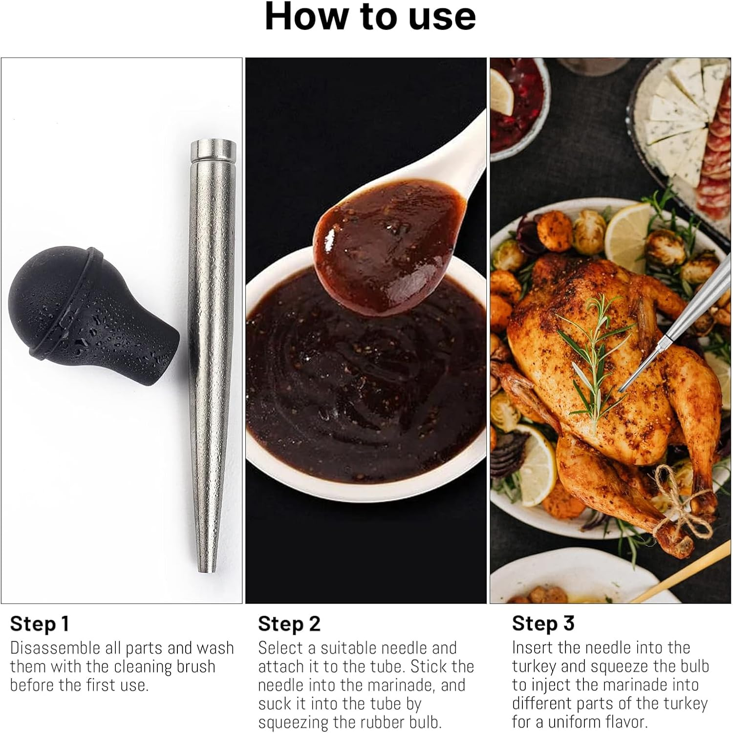 Rhoyee Stainless Steel Turkey Baster Set &ndash; Large Baster Syringe with Heat-Resistant Silicone Bulb, 2 Marinade Injector Needles & Cleaning Brush &ndash; Food-Grade BBQ & Roasting Tool image number 4