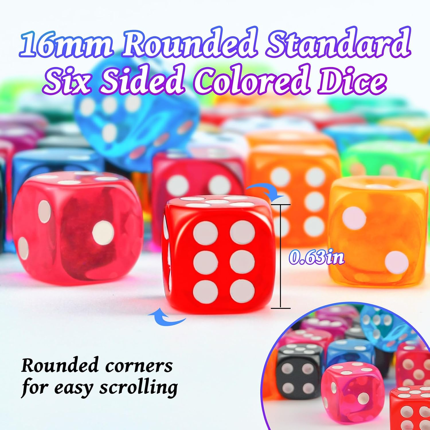 JMQU 16MM Colored Dice Set, 50Pcs 6 Sides Standard Bulk Large D6 Dice with Portable Plastic Box, 10 Colors Including Red Dice,Green Dice for Board Games,Parties,Classroom Math Games image number 6