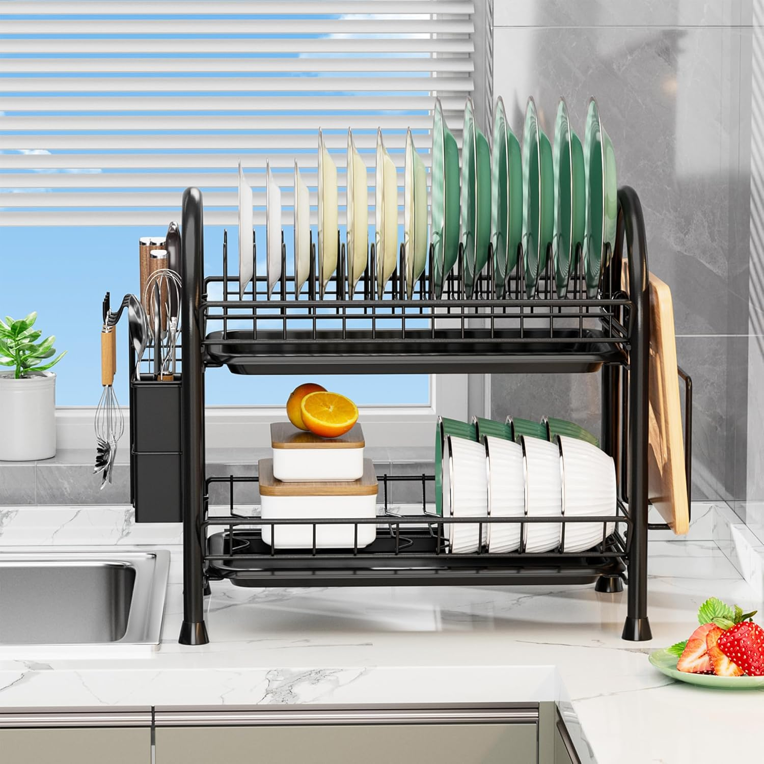 Double Layer Storage Rack, Thickened Wrought Iron Material, Bowl and Dish Storage Rack, Countertop Drain Rack, Suitable for Kitchen, Living Room, and Dining Table. image number 5