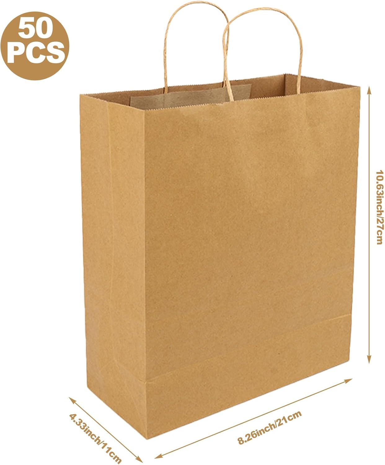 CORORIO 50 Pack Brown Kraft Paper Gift Bags with Handles,21X11X27 CM Small Bags Kraft Paper Bags for Thank You'S Day Shopping Birthday Grocery Retail Business Party image number 3