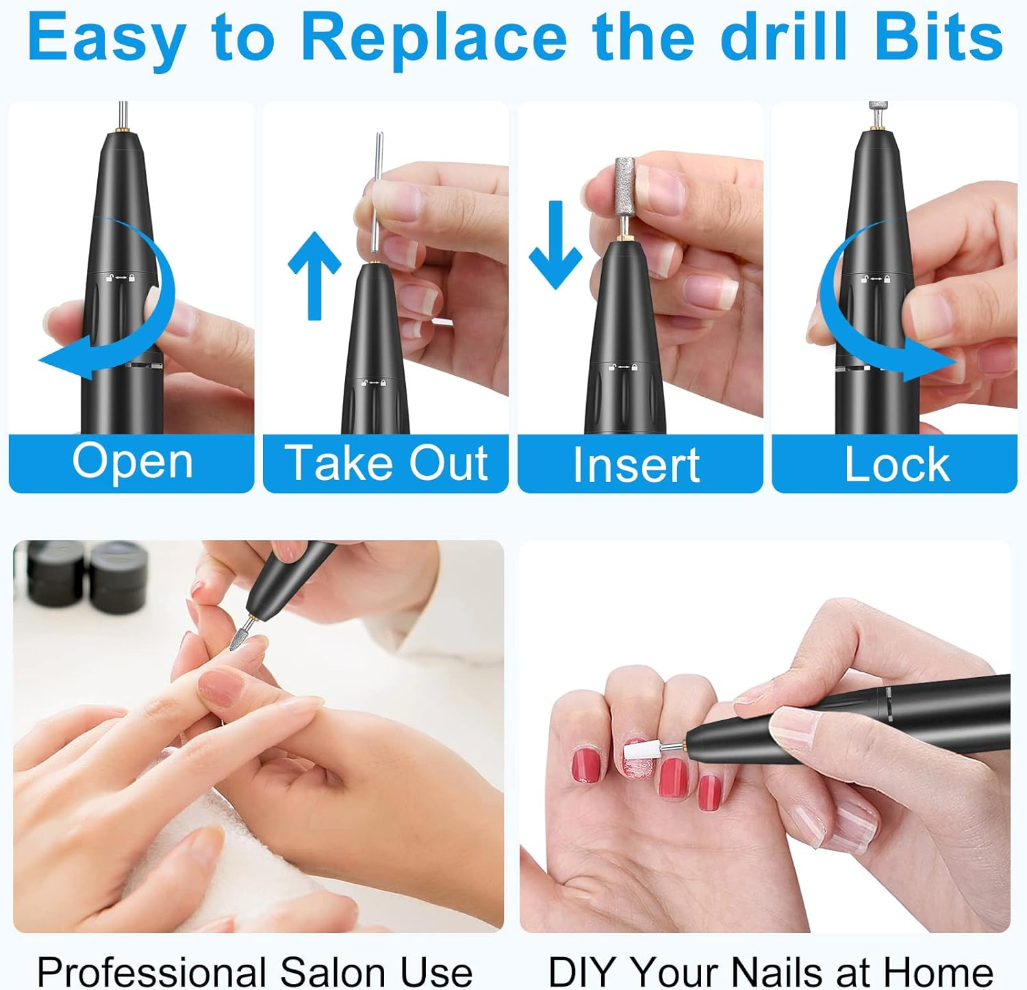 Electric Nail Drill, 35000RPM Professional Nail Drill Machine, Portable Rechargeable File Machine Set for Acrylic Gel Nails, Manicure Pedicure Tools for Home and Salon Use(Black)