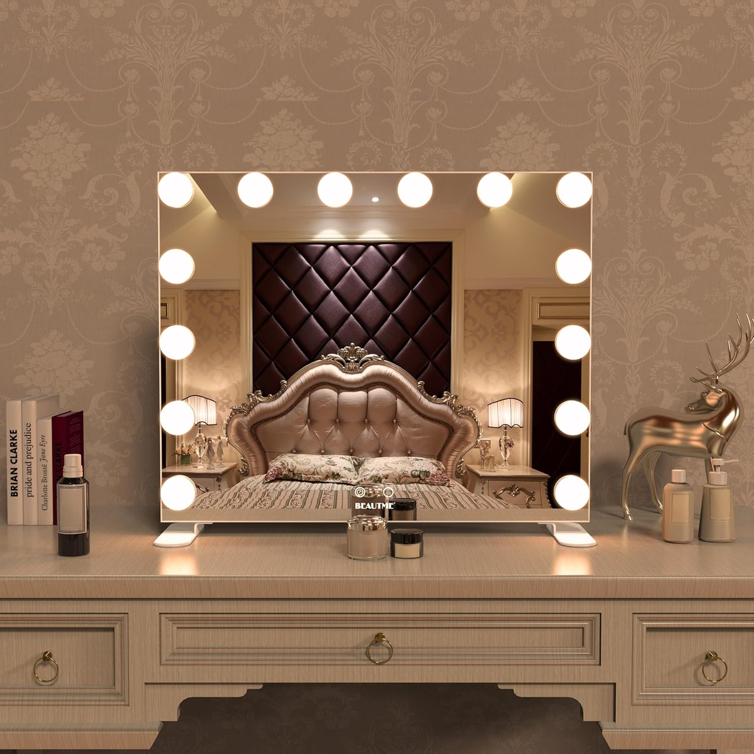 Vanity Mirror with Lights, White Hollywood Lighted Makeup Mirror with 14 Dimmable LED Bulbs for Dressing Room & Bedroom, Tabletop or Wall-Mounted, 60X50.7Cm