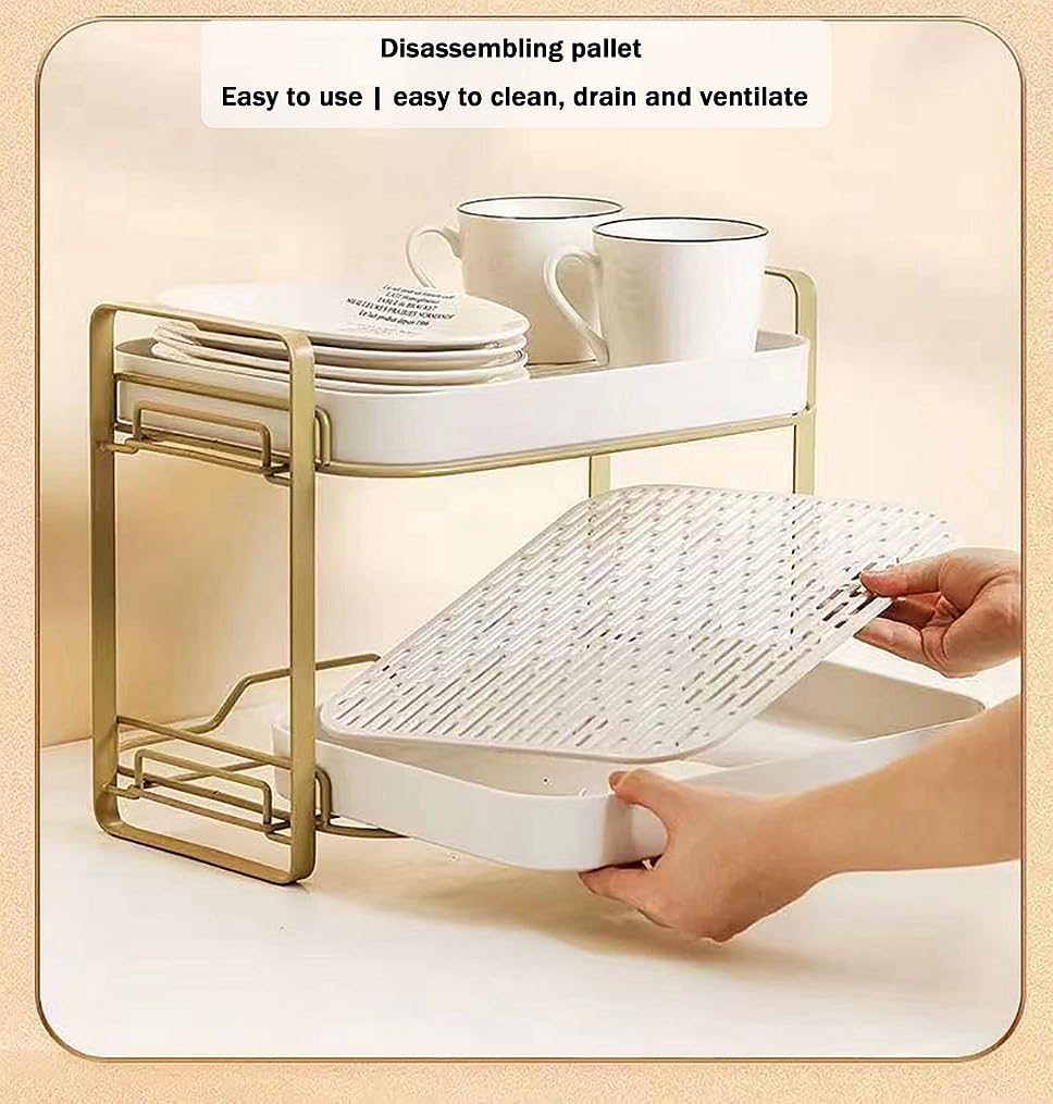 2-Tier Kitchen Cup Shelf ,Dish and Bowl Storage Organizater, Water Cup Glass Cup Coffee Cup Mug Cup Stemware Cup Storage Rack,Cupboard Cabinet Countertop Tray Household Vegetable Drain Rack (White)