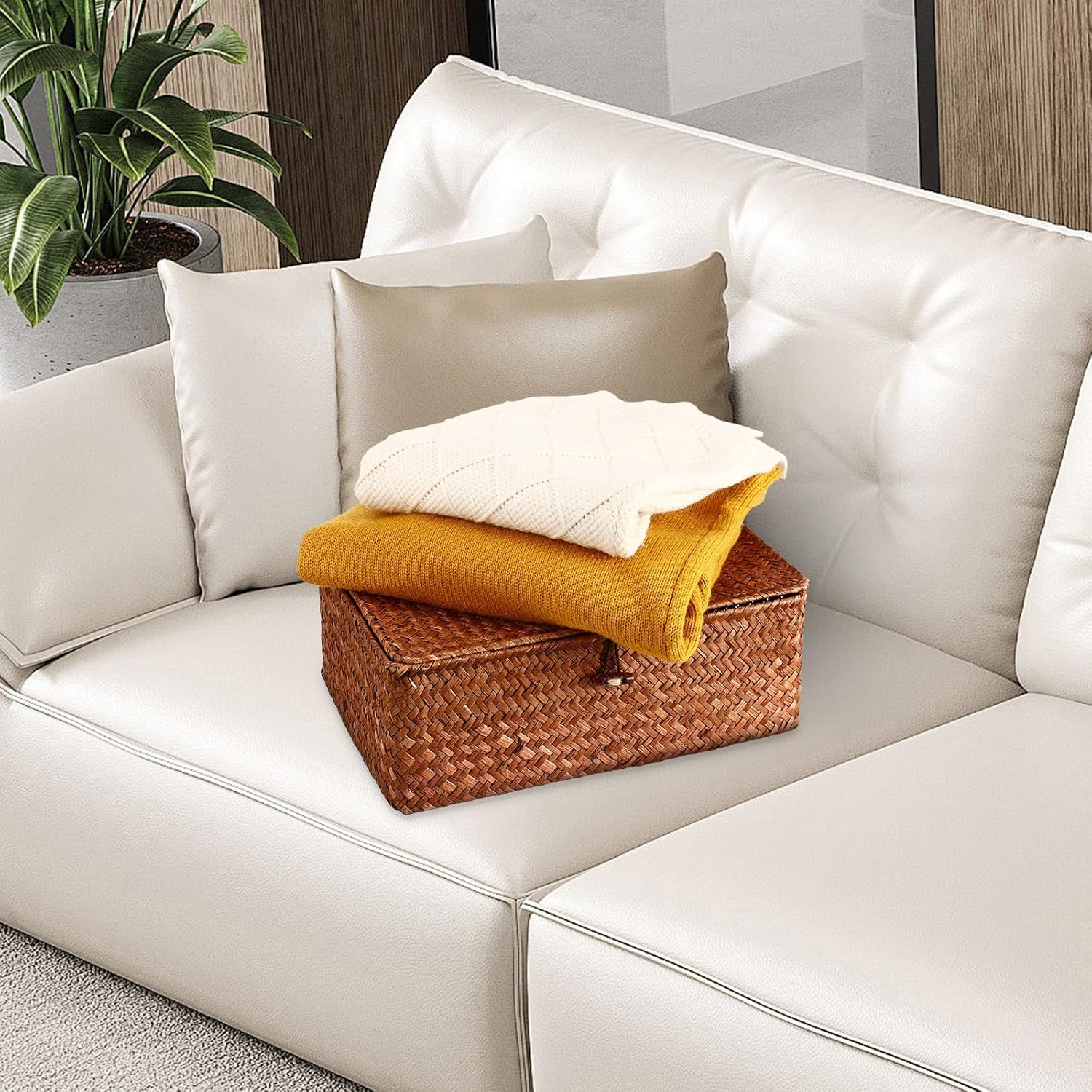 LIFKICH 3Pcs Handwoven Rattan Storage Baskets with Lid, Rustic Seagrass Sundry Organizer Boxes for Living Room and Coffee Table, Dustproof Desktop Storage Set (Large, Medium, Small) image number 6