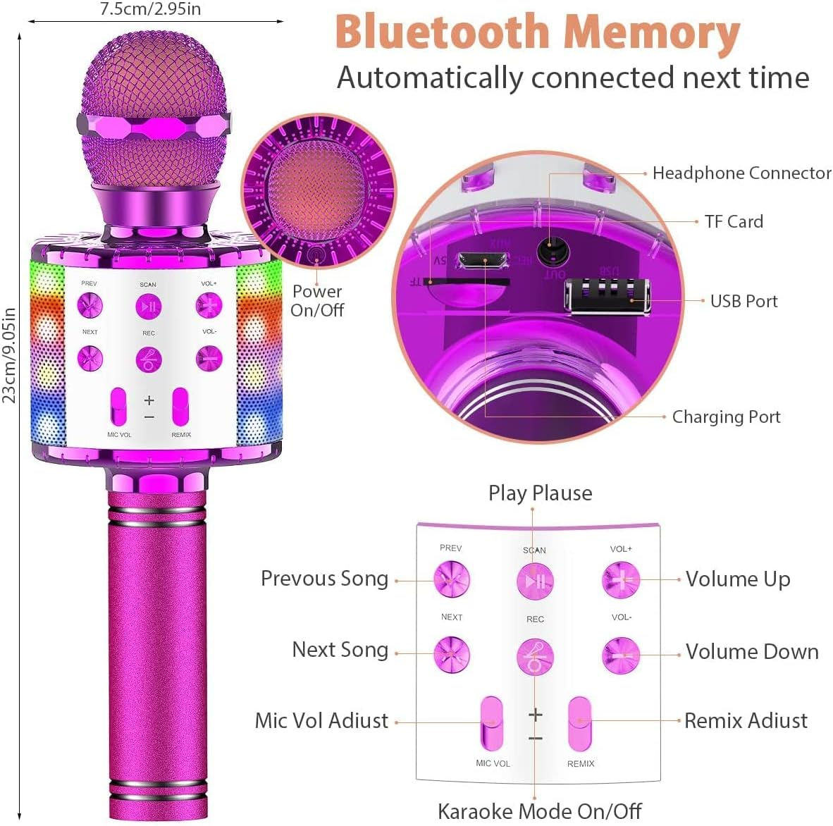 Karaoke Bluetooth Wireless Microphone, 5-In-1 Portable Handheld Karaoke Mic Speaker Player with Colorful LED Lights for Kids Adults Party, Home KTV Player, Compatible with Android & Ios Devices (Purple) image number 1