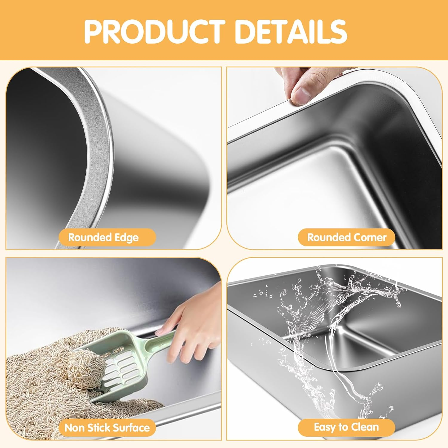 Stainless Steel Litter Box,19.5" L X 13.6" W X 6" H，High Sided Large Metal Cat Litter Boxes Easy Clean, Non Stick No Smell Cat Litter Box for Adult Cats/Kitty/Kitten image number 5