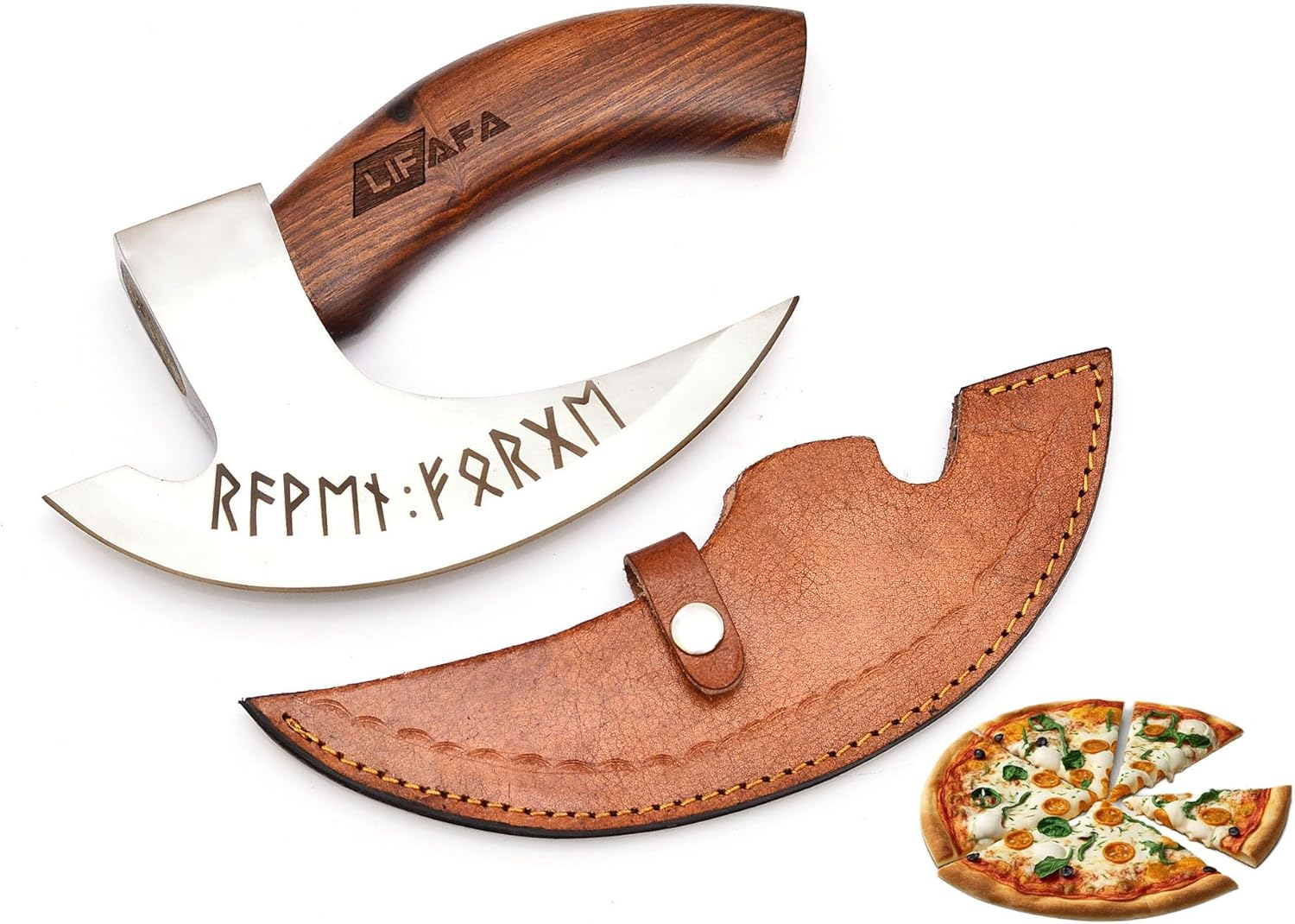 LIFAFA Handmade Viking Pizza Cutter Beautiful Axe with Unique Leather Sheath Stainless Steel Blade with Rosewood Handle AU image number 3