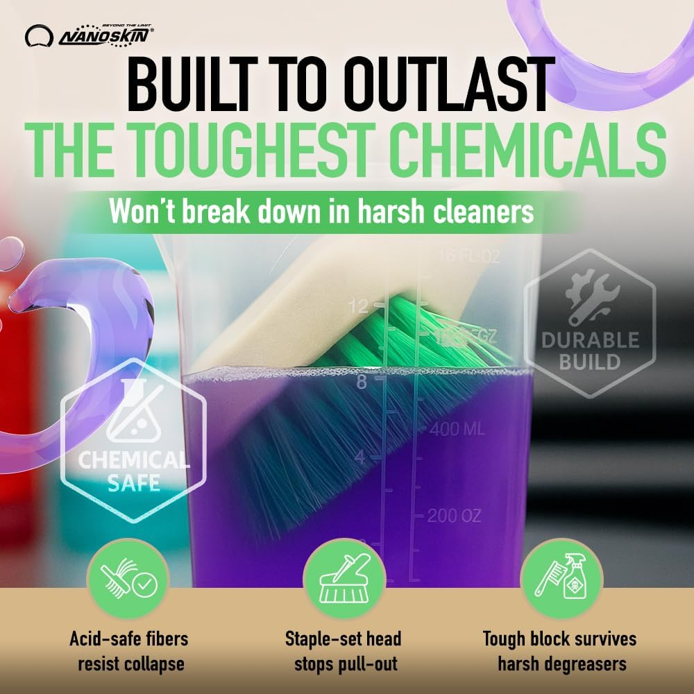 Nanoskin Pro-Grade 8.5" Car Detailing Brush - Durable Green Polystyrene Flagged Bristles, Acid Resistant, Gentle Surface Cleaning, Auto Wash, Tire & Wheel Scrub, Professional Automotive Detailer Tool image number 4