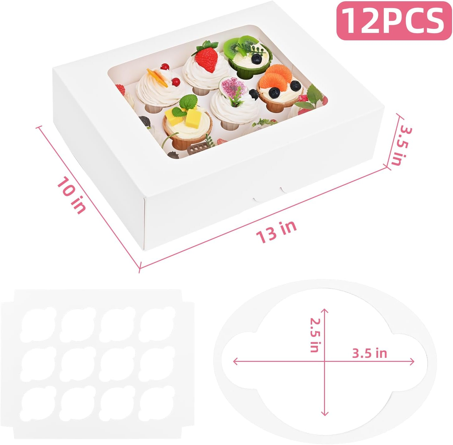 12PCS Cupcake Boxes, White Cupcake Containers 12 Count with Window, Cupcake Holder, Food Grade Treat Boxes for Holiday, Wedding, Birthday Party, Bakery Supplies image number 4