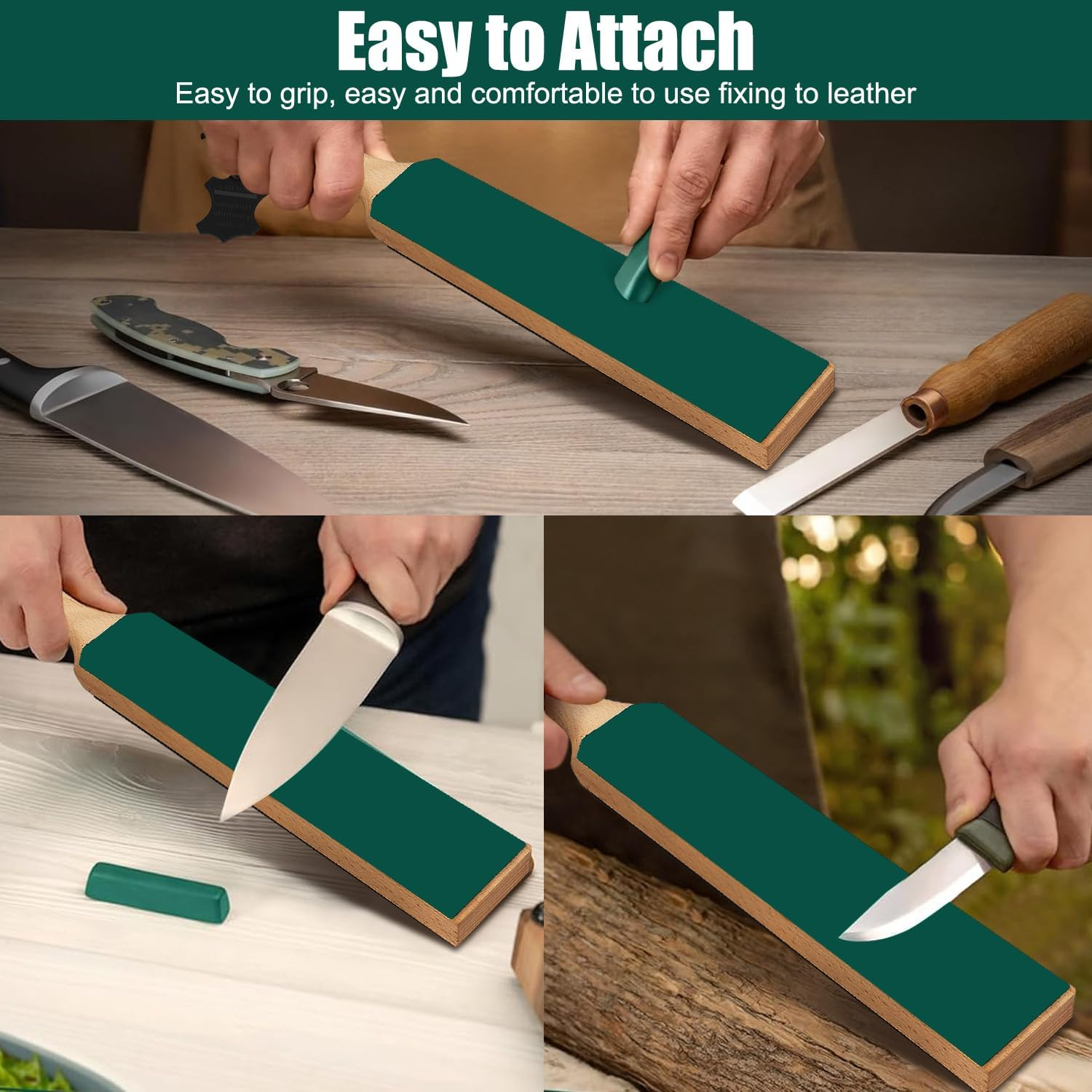 Necomi Double-Sided Leather Strop (Genuine Cowhide)- 14.6 ''X 2'' Sharpening Block Set with Polish & Clip, Stropping Leather Knife Sharpener with Ergonomic Handle, Stropping Kit image number 5