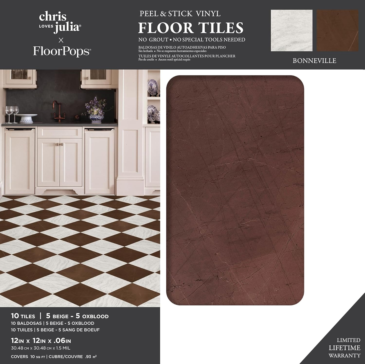 Floorpops X Chris Loves Julia Bonneville Oxblood Peel and Stick Floor Tiles, FP6333 - Red image number 5