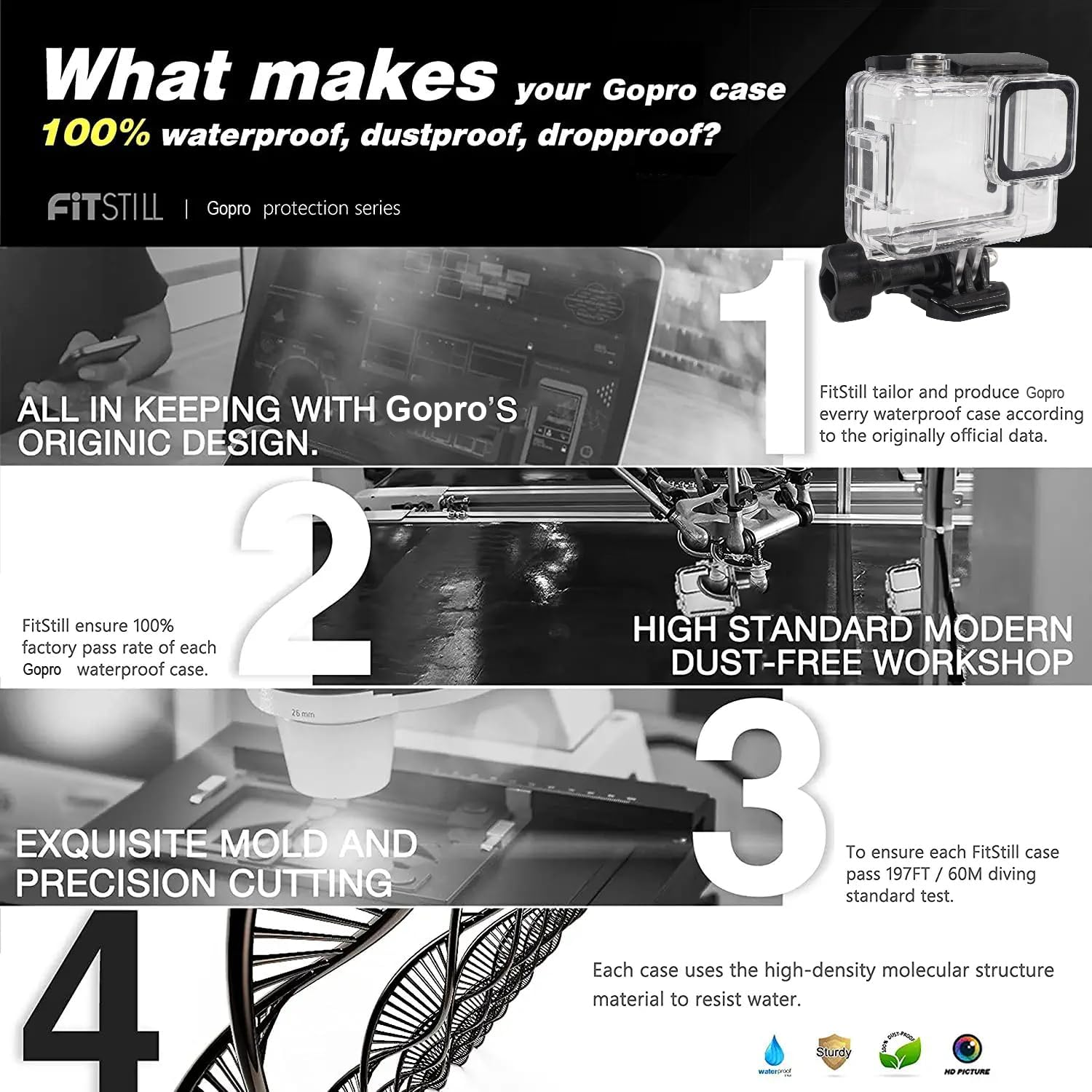 Fitstill 196FT/60M Underwater Waterproof Diving Housing Compatible for Go Pro Hero 4K,Protective Dive Case Shell with Mount Hero4K 2024 Action Camera Accessories Kit image number 6