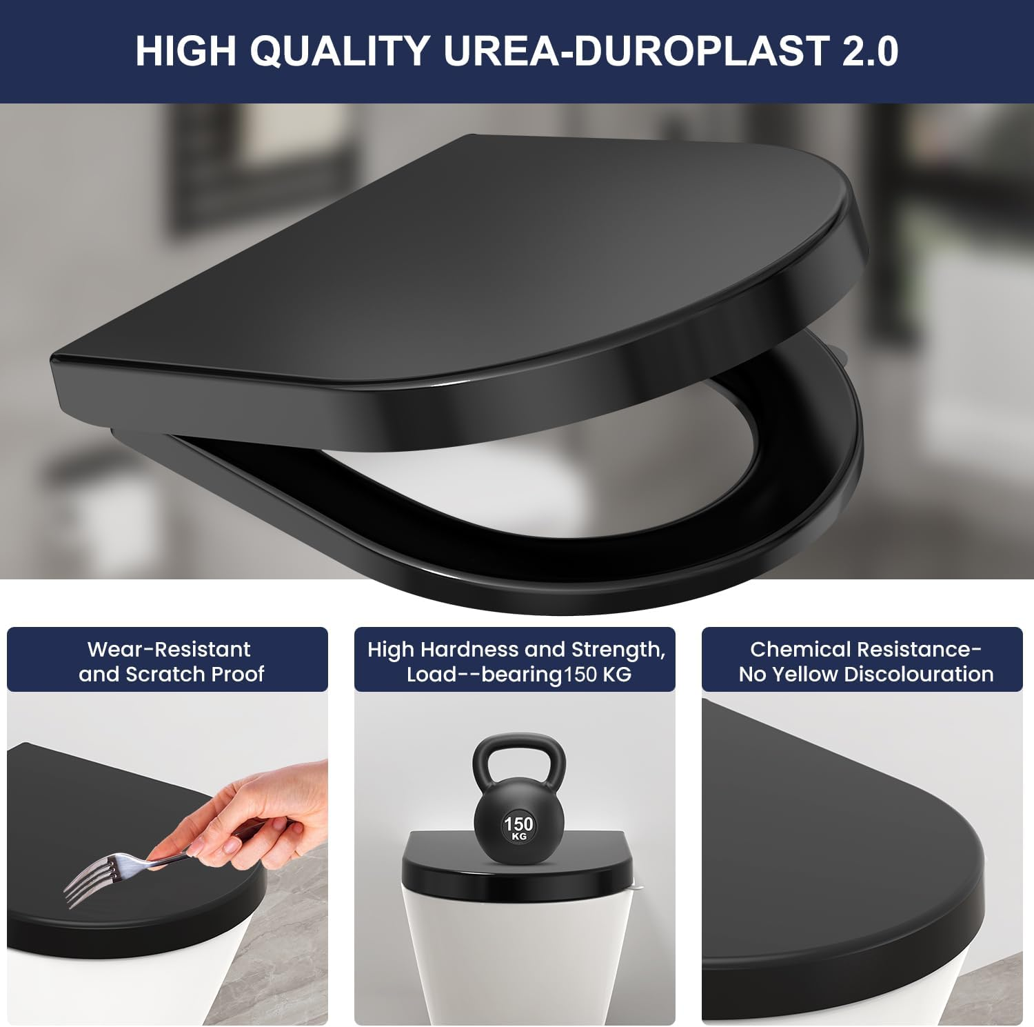 YEAUPE PRO U2009B WC Sitz Mit Absenkautomatik D-Form Schwarz Toilet Seat with Soft-Close Mechanism, D-Shape, Black D, 42.5 X 36.3 X 4.9 Cm image number 1