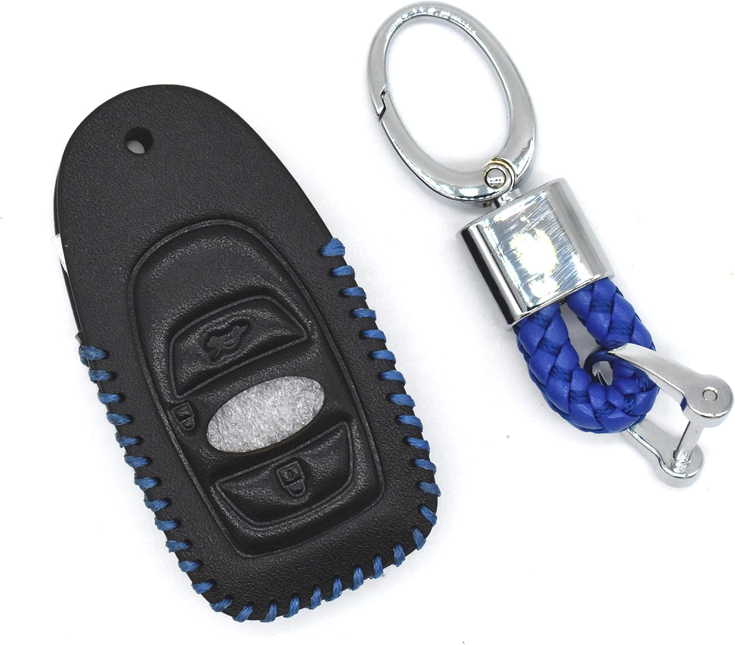 Ontto Genuine Leather Keycase Smart Remote Car Key Fob Cover Shell with Keyring Fit for Subaru Outback XV Forester Legecy Keyless Entry Key Skin Protector Blue String - Blue image number 4