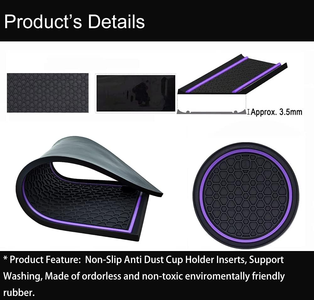 Auprite Non-Slip Mats for Mustang Accessories 2015-2023, Custom Fits Cup Holder Liners Mats Door Pocket Center Console Liners,5Pcs (Purple) - Blue image number 4