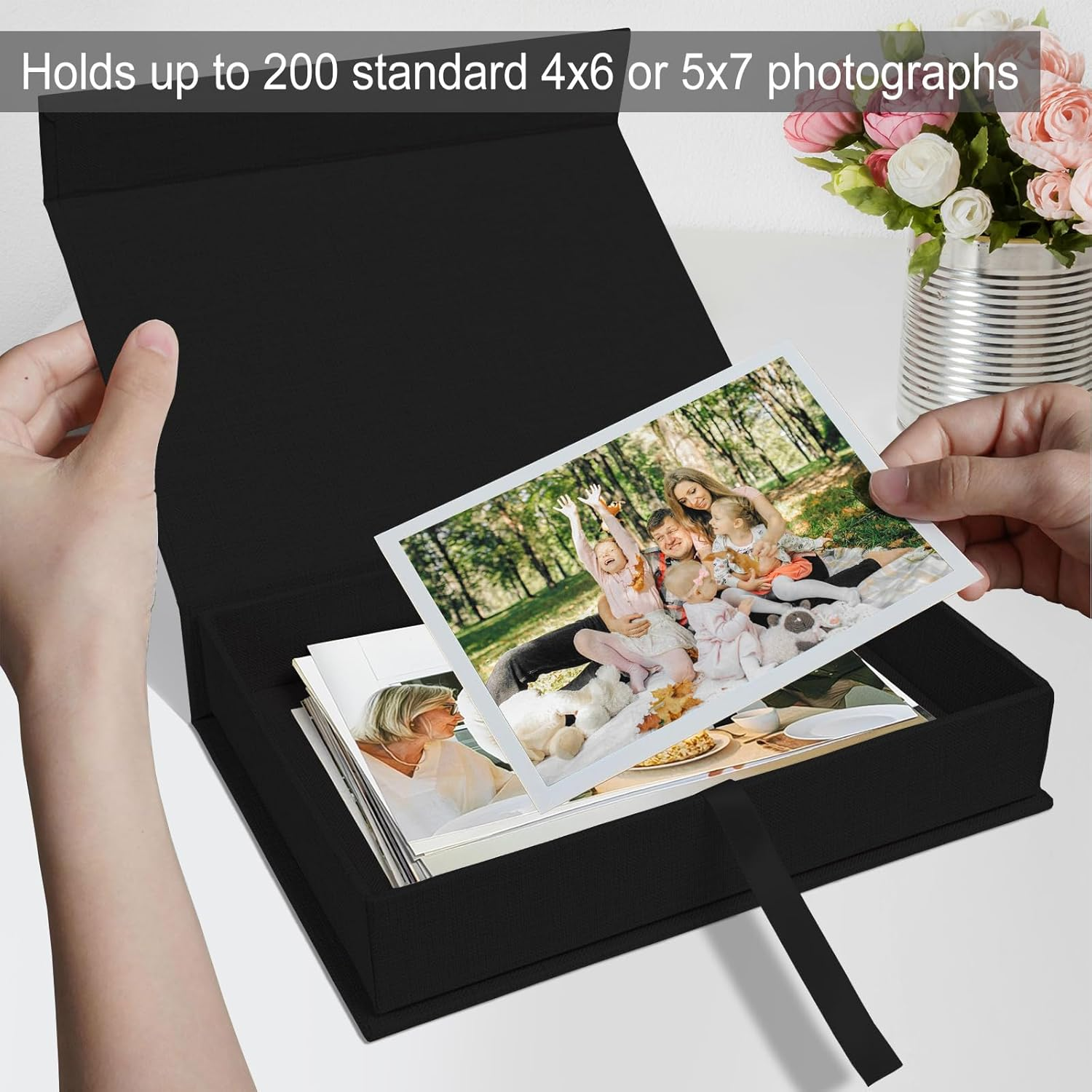 Sprsthai Photo Storage Box 4X6 5X7 - Archival Photo Organizer Box with Lid, Stackable Memory Keepsake Box for Photos, Pictures, Certificates, Jewelry & Scrapbooking Supplies, Black image number 2