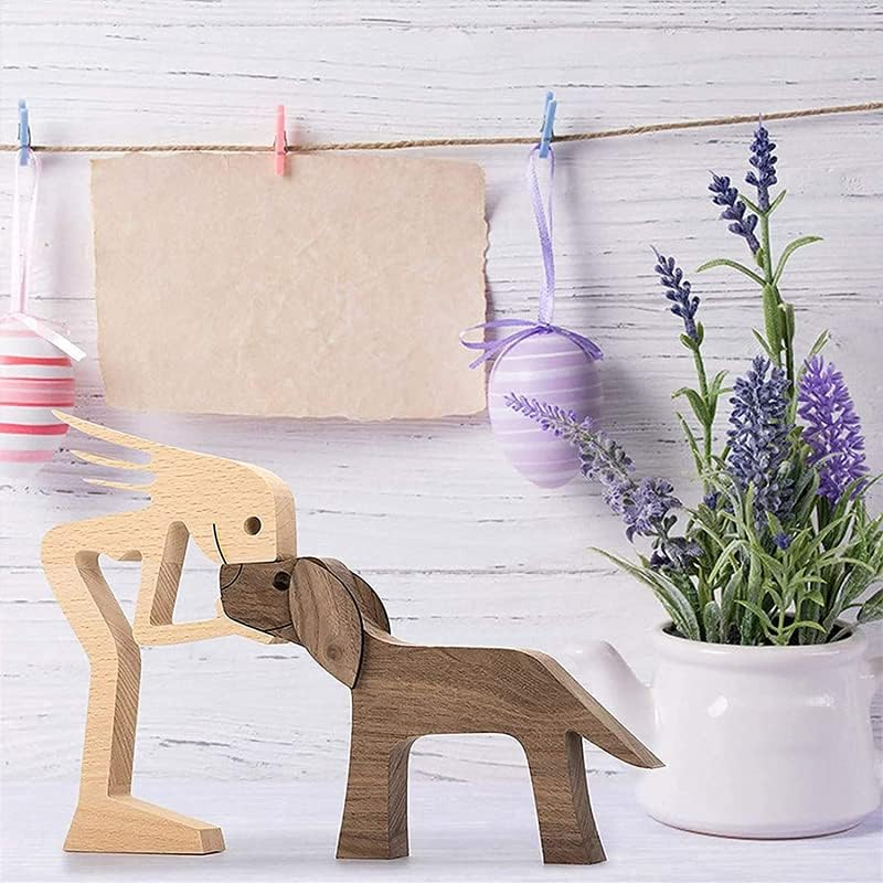AIMALL Handmade Wooden Statue, Sitting Woman and Dog, Carved Wood Decor Craft, 7.5X5X0.4 Inches, Natural Wood Colour, Rustic Home Decoration - B03 image number 7