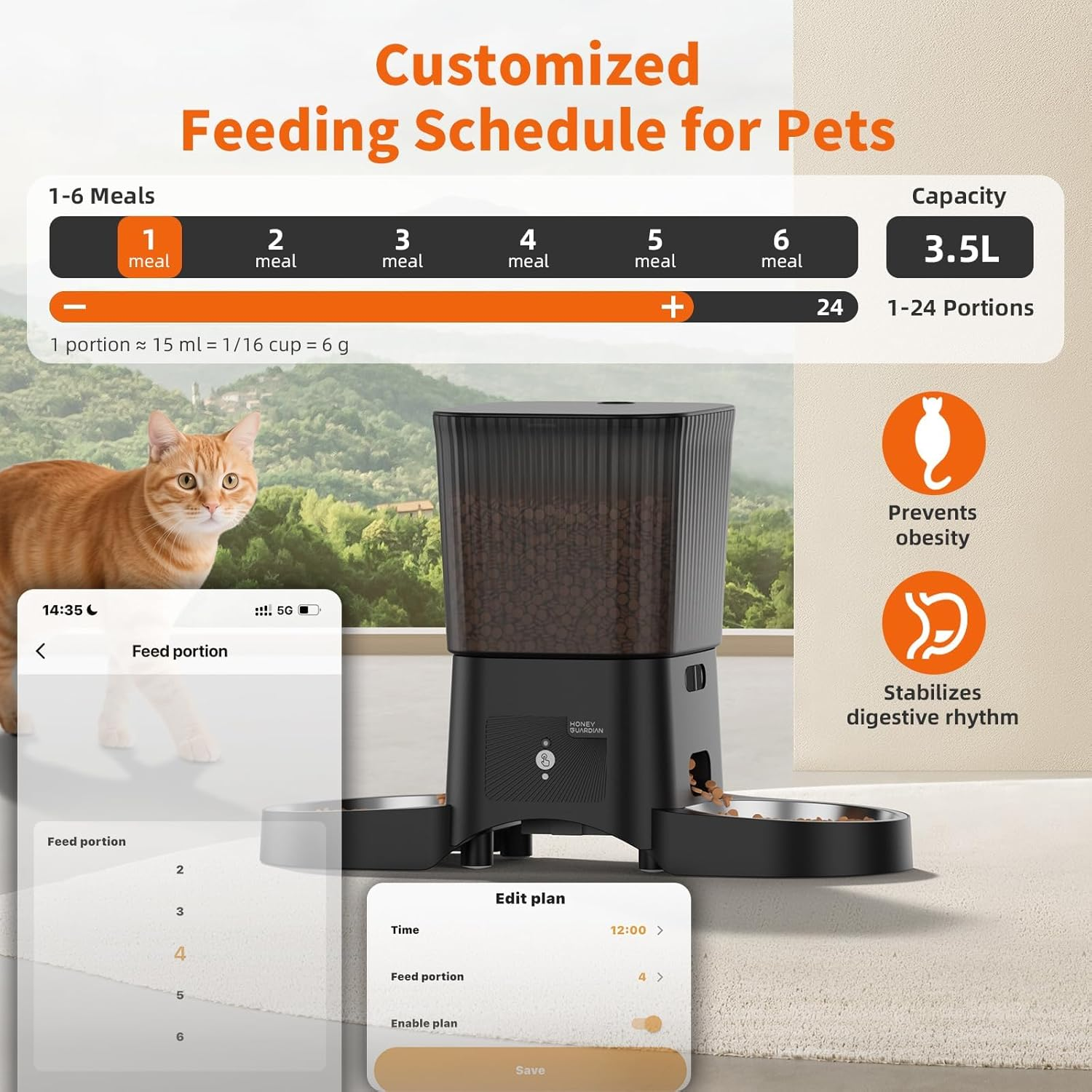 HONEYGUARDIAN Cat Automatic Feeder 2 Bowls, 5G/2.4G Wifi Intelligent Automatic Feeder for Cats and Dogs (3.5L) image number 6