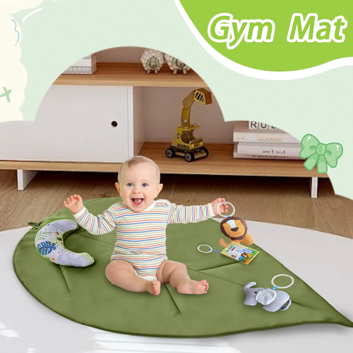 Baby Play Mat, Extra Large Leaf Shaped Tummy Time Mat with 7 Detachable Toys for Newborn Infant Motor Skills & Sensory Development, Ideal & Newborn Essentials