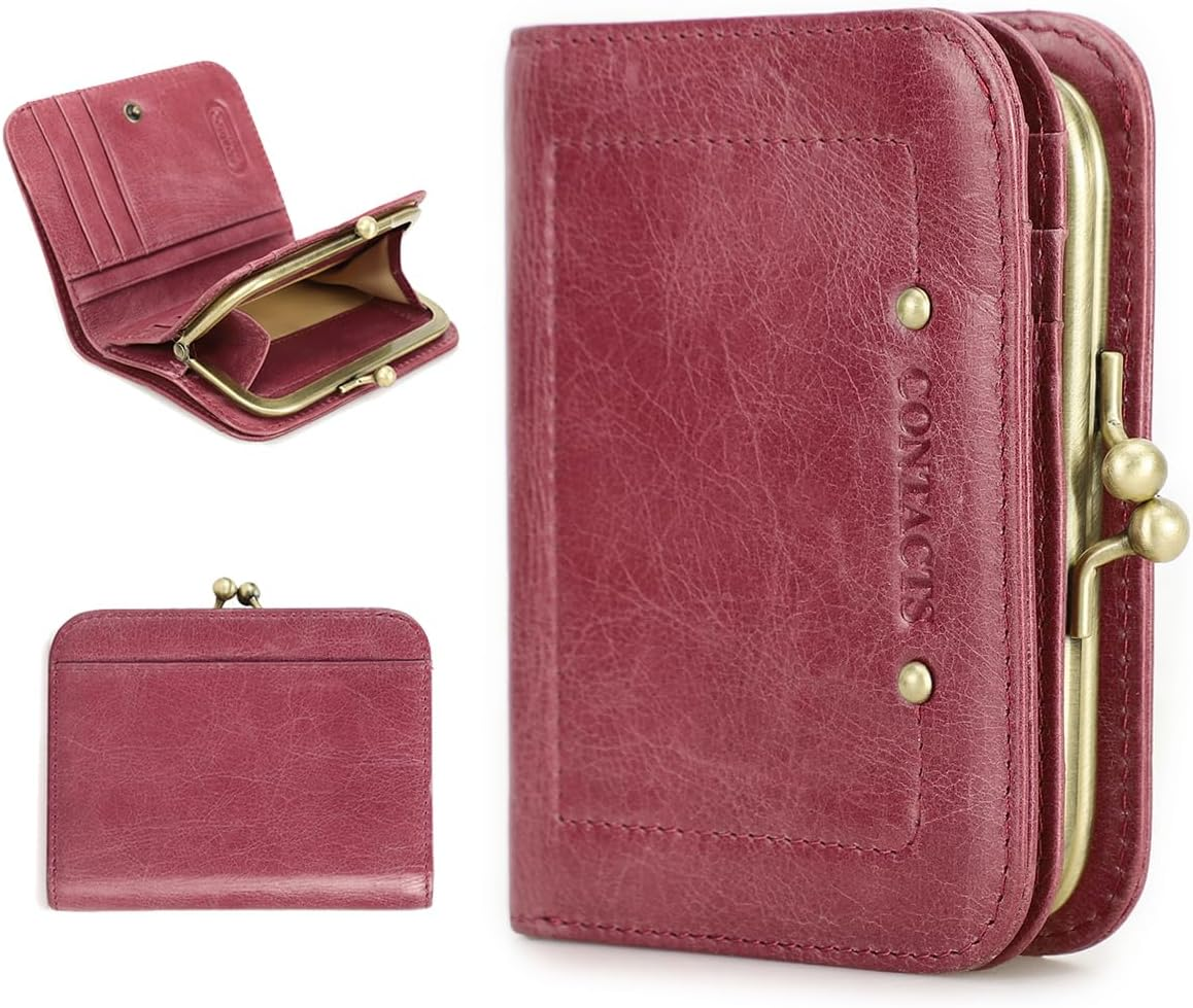 Full Grain Leather Kiss Lock Wallet for Women Kiss Clasp Coin Purse Vintage Bifold Card Holder RFID Wallet, Bean Paste Pink, Vintage - Green image number 6