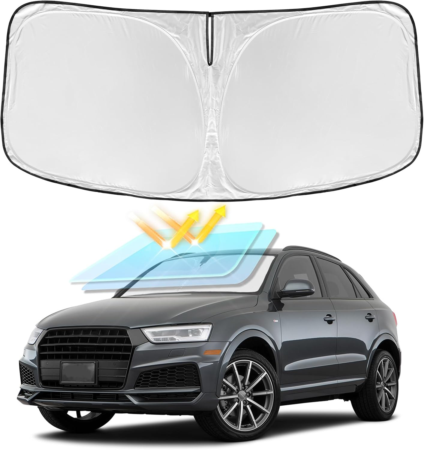 For Audi Q3 2019-2025 2026 Windshield Sun Shade - 4 Layers Car Sunshades for Front Windows Shade Cover Custom Fit Q3 Sun Visor 240T Retractable Shade Blocks UV Rays Car Accessories image number 5