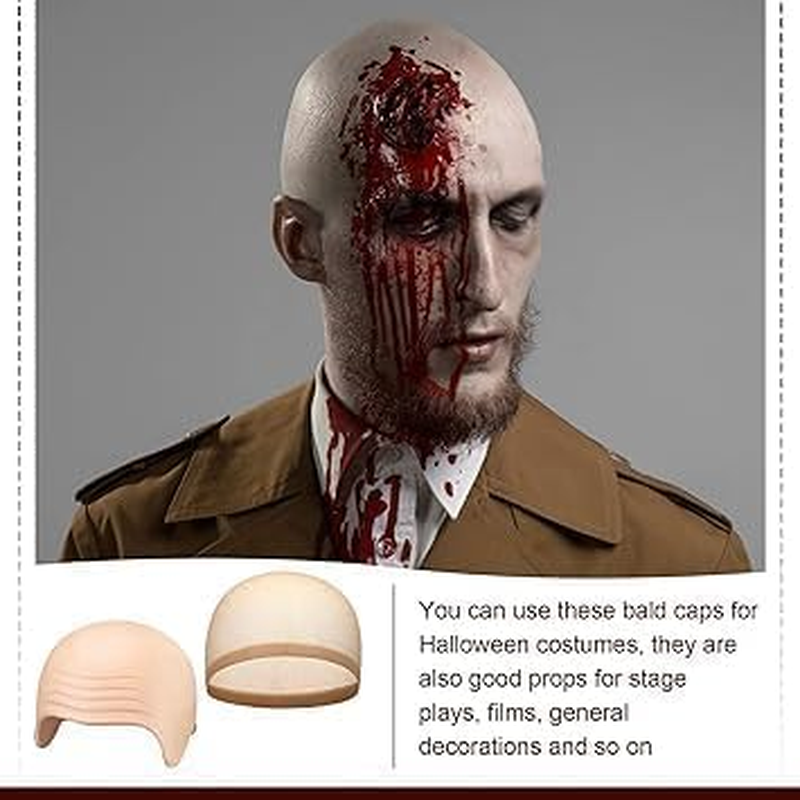 2 Pieces Halloween Bald Cap Makeup Latex Bald Head Wig Caps Cosplay Costume for Adults image number 2