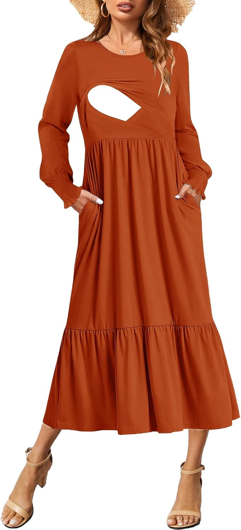 Women Nursing Dress Crew Neck Fall Maternity Flowy Long Sleeve Smocked Cuffs Tiered Cocktail Dresses with Pockets image number 3