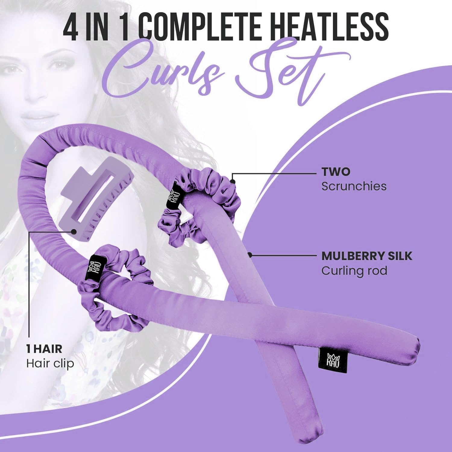KAV Heatless Hair Curler, Mulberry Silk Overnight Hair Curl Set, No Heat Curling Rod Giftset, Premium Salon Quality Rollers to Sleep In, Heat Less Curls Set with Clip and Scrunchies image number 2