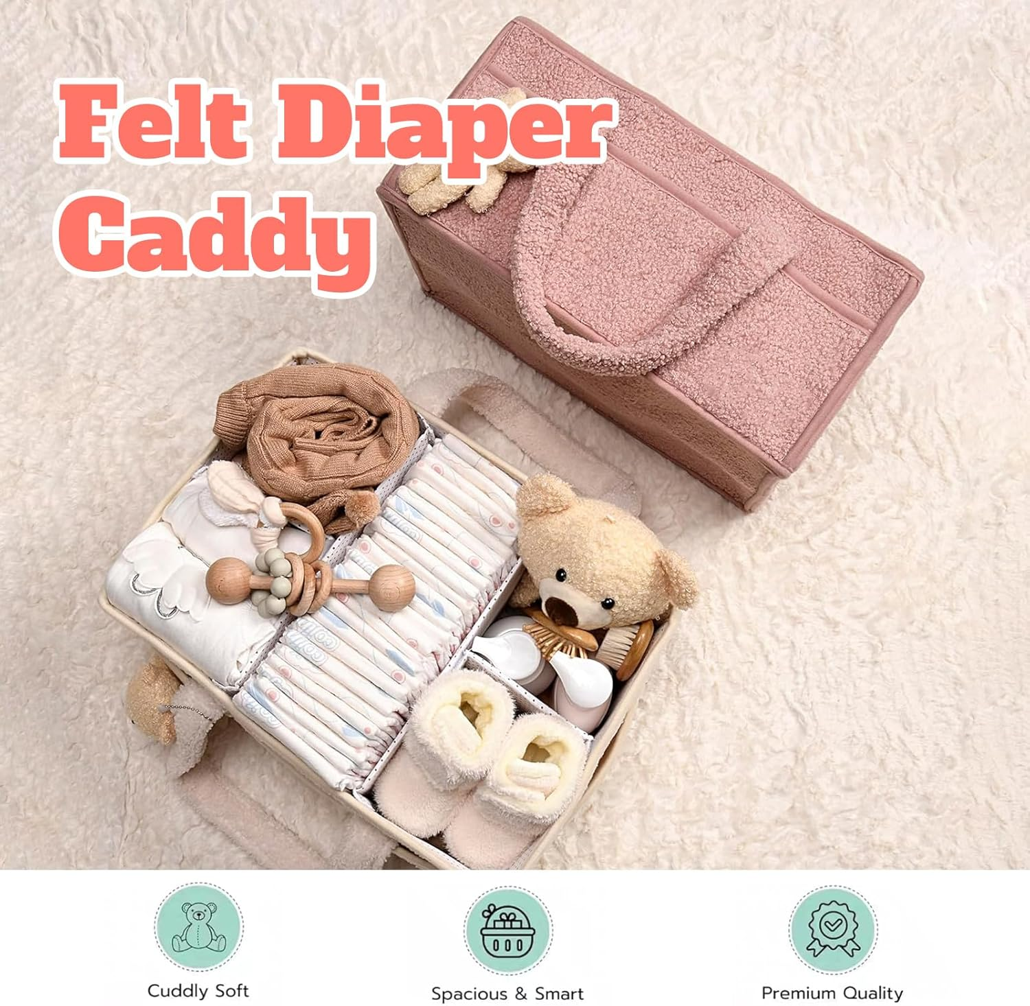 Baby Diaper Caddy Organizer, Nappy Caddy Storage Basket for Diapers and Baby Wipes, Portable Diaper Storage Bag, with Bear Decorations, Perfect Present for New Mom, Nursery (Pink) image number 1